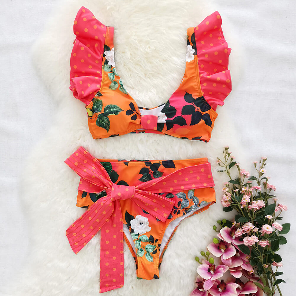 Premium Tropical Floral Print Brazilian Bikini Set - High Waist & V-Neck Design