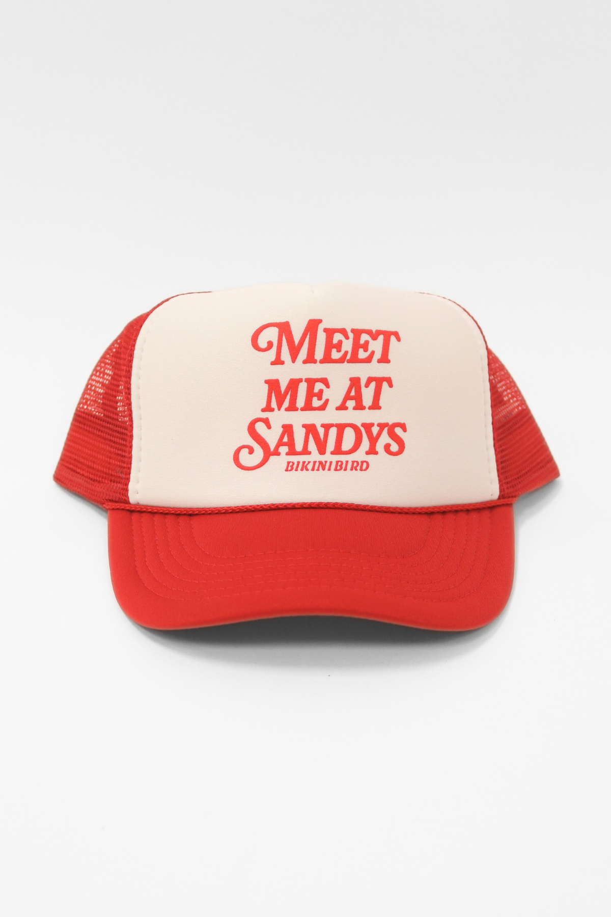 Premium Bikinibird Meet Me at Sandy's Red/White Trucker Hat - Ultimate Summer Style