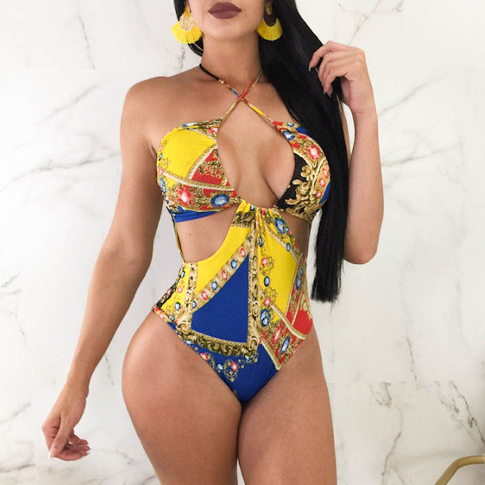 Ultimate Baroque Print Halter One-Piece Swimsuit with Cutout Design