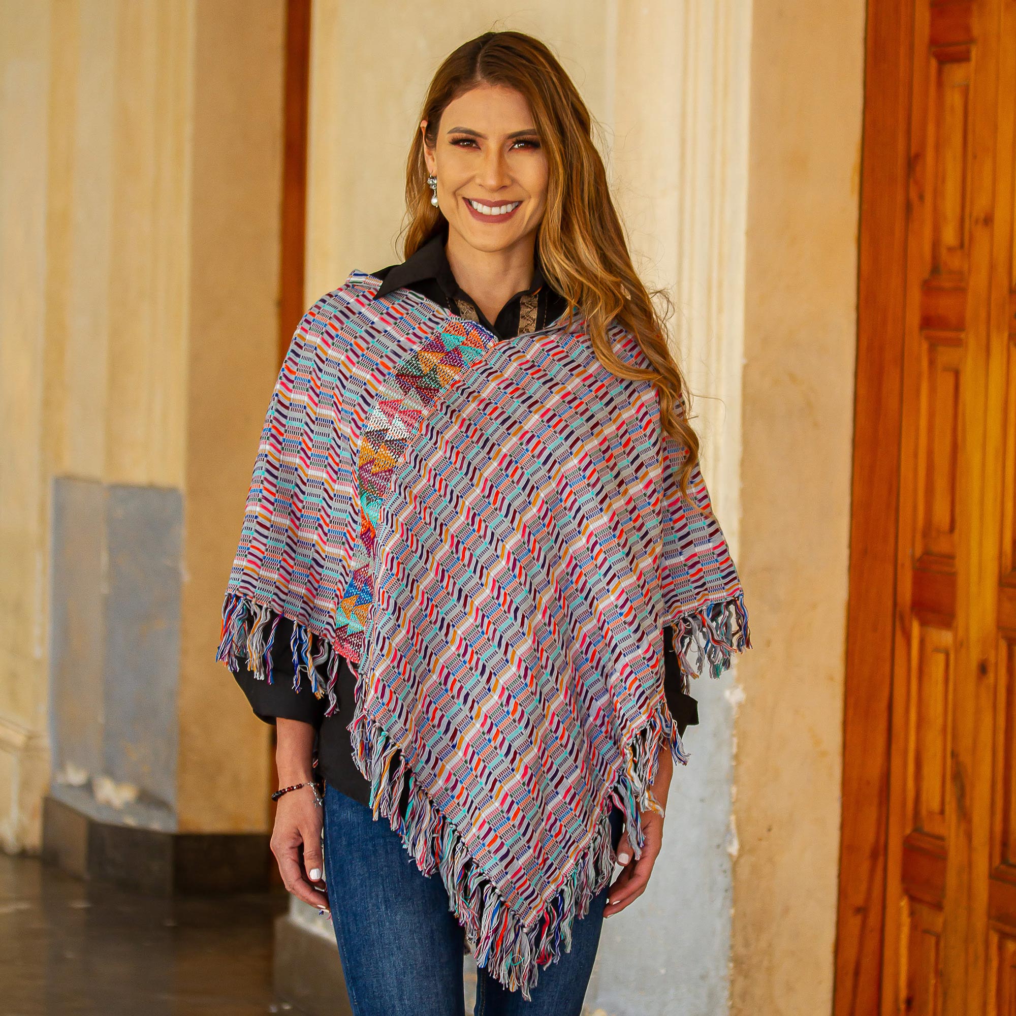 Premium Multicolored Striped Cotton Poncho – Handwoven in Mexico