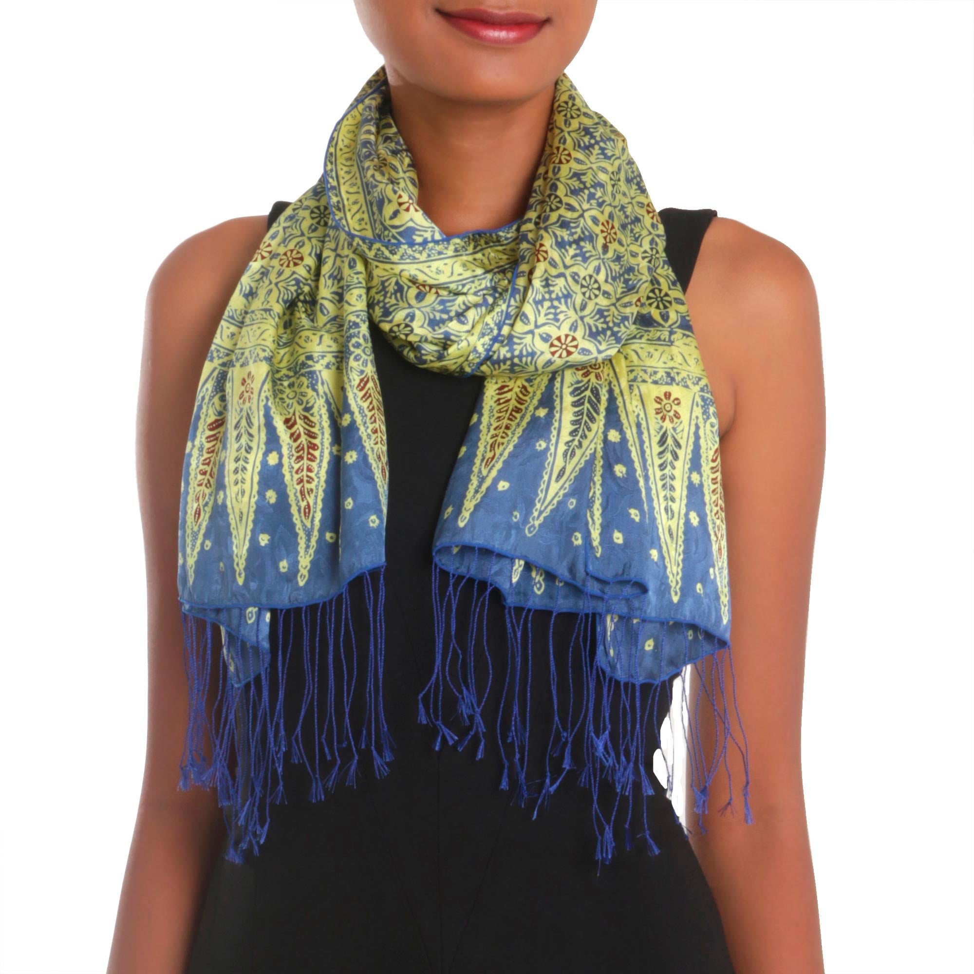 Premium Truntum World Silk Scarf in Chartreuse & Denim