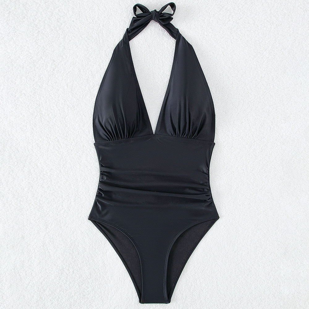 Ultimate All-Black V-Neck Halter Brazilian One-Piece Swimsuit