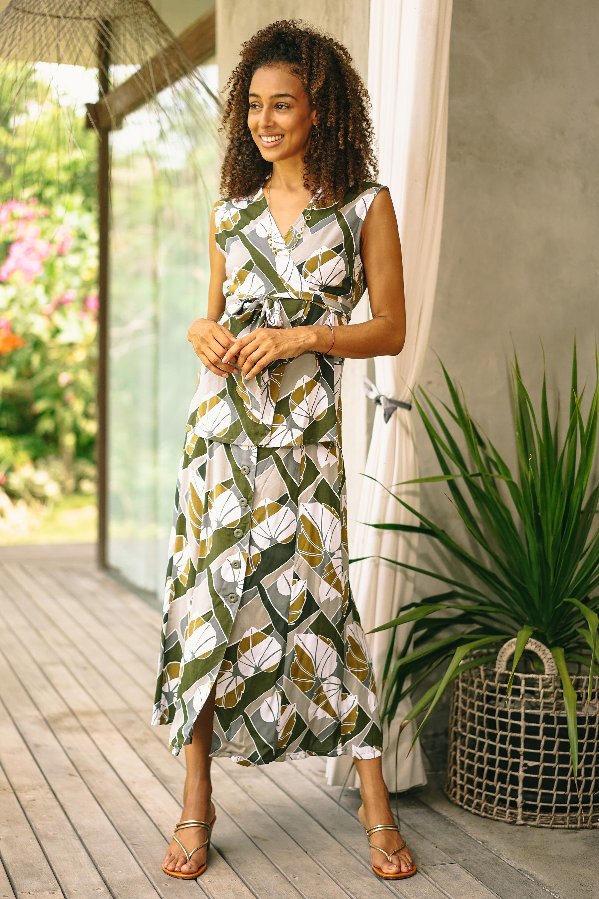 Premium Handcrafted Rayon Midi Skirt - Leaf-Themed Garden Party Essential