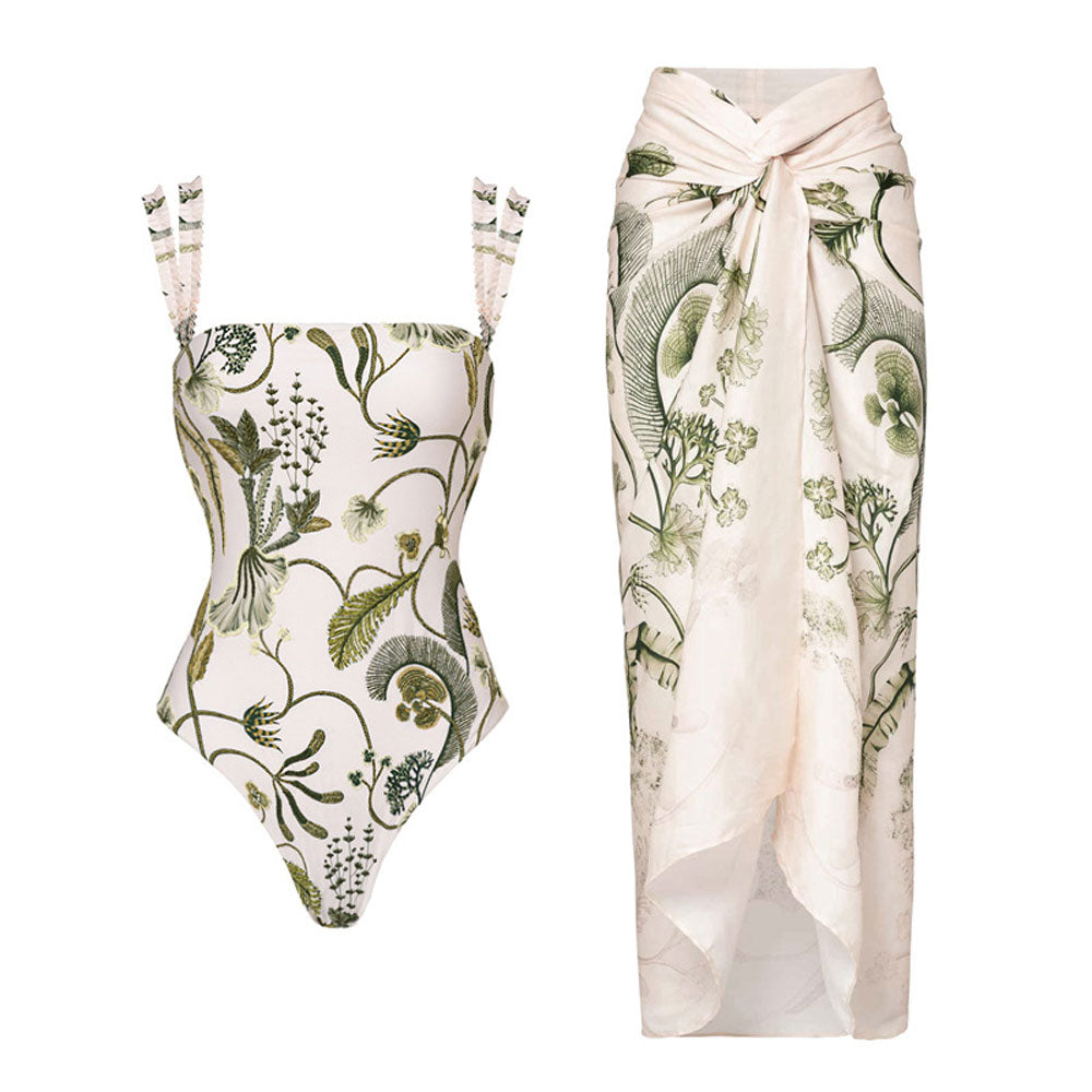 Premium Botanical Print One-Piece Swimsuit with Double Strap & Cover-Up Skirt