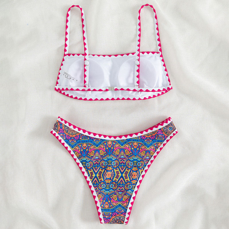 Premium Boho Print Crochet Trim Bikini Set - Adjustable & Removable Padding