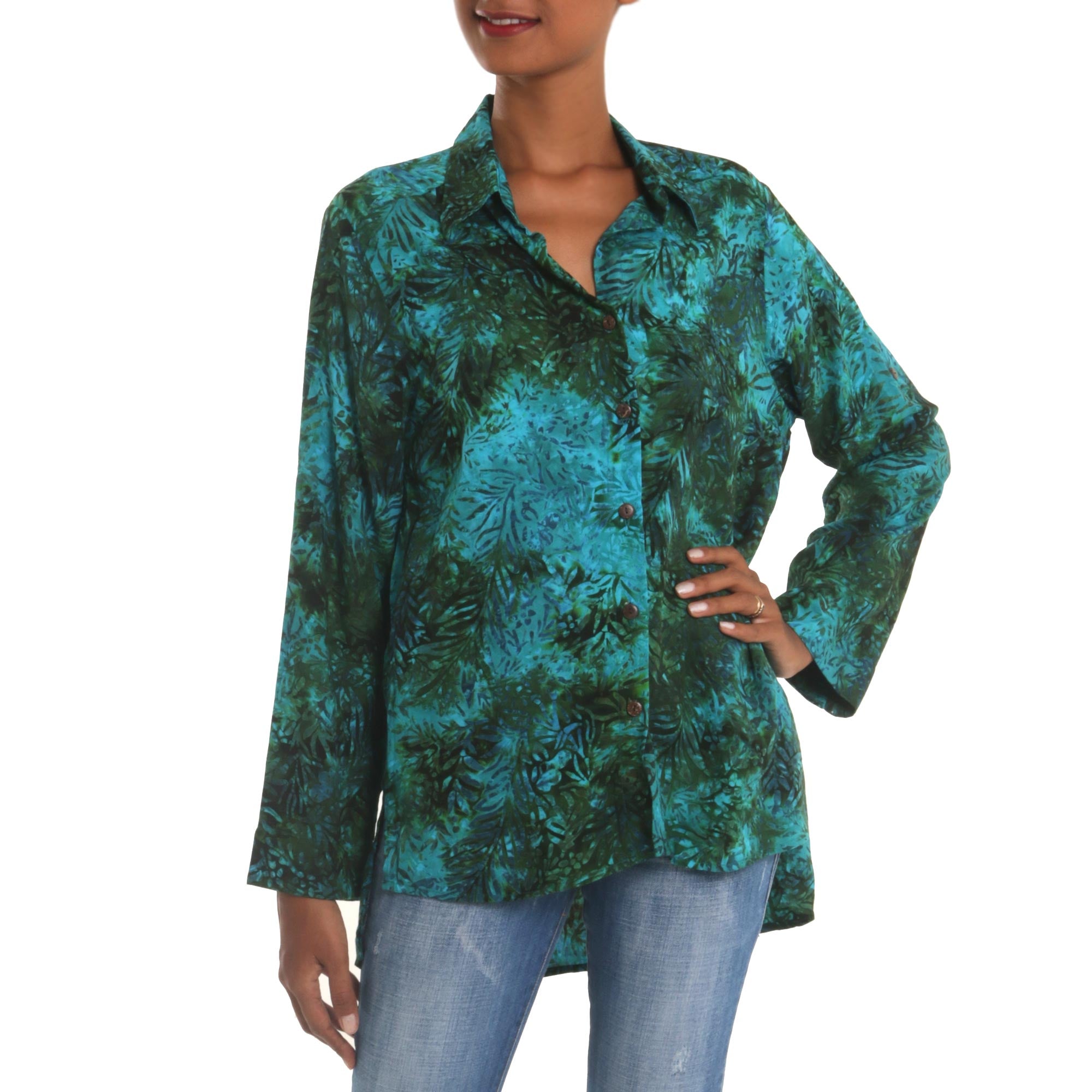 Premium Java Emerald Rayon Batik Teal Hi-Low Button Shirt | Upgrade Your Style