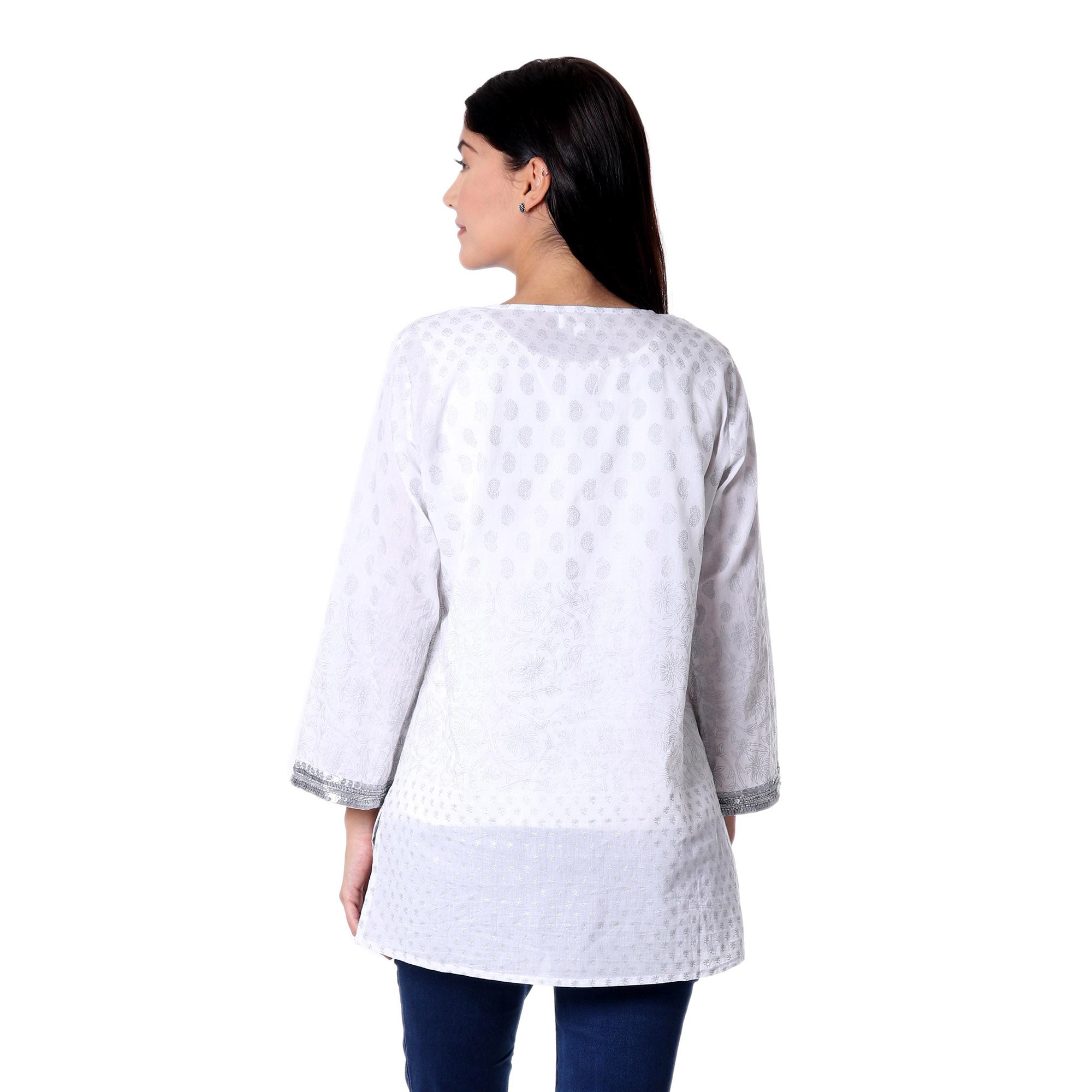 Premium Silver Diva Metallic & White Cotton Tunic - Handcrafted Elegance