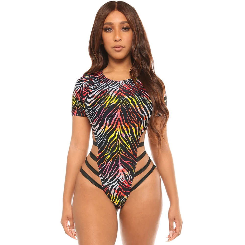 Premium Tiger Print Brazilian One-Piece Swimsuit with High Cut & Strappy Design