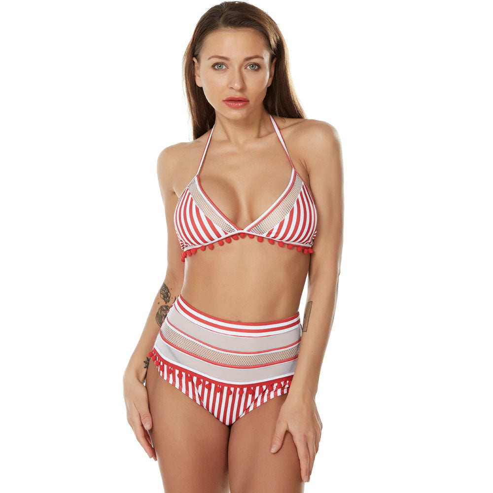 Premium Striped High-Waist Pompon Bikini Set