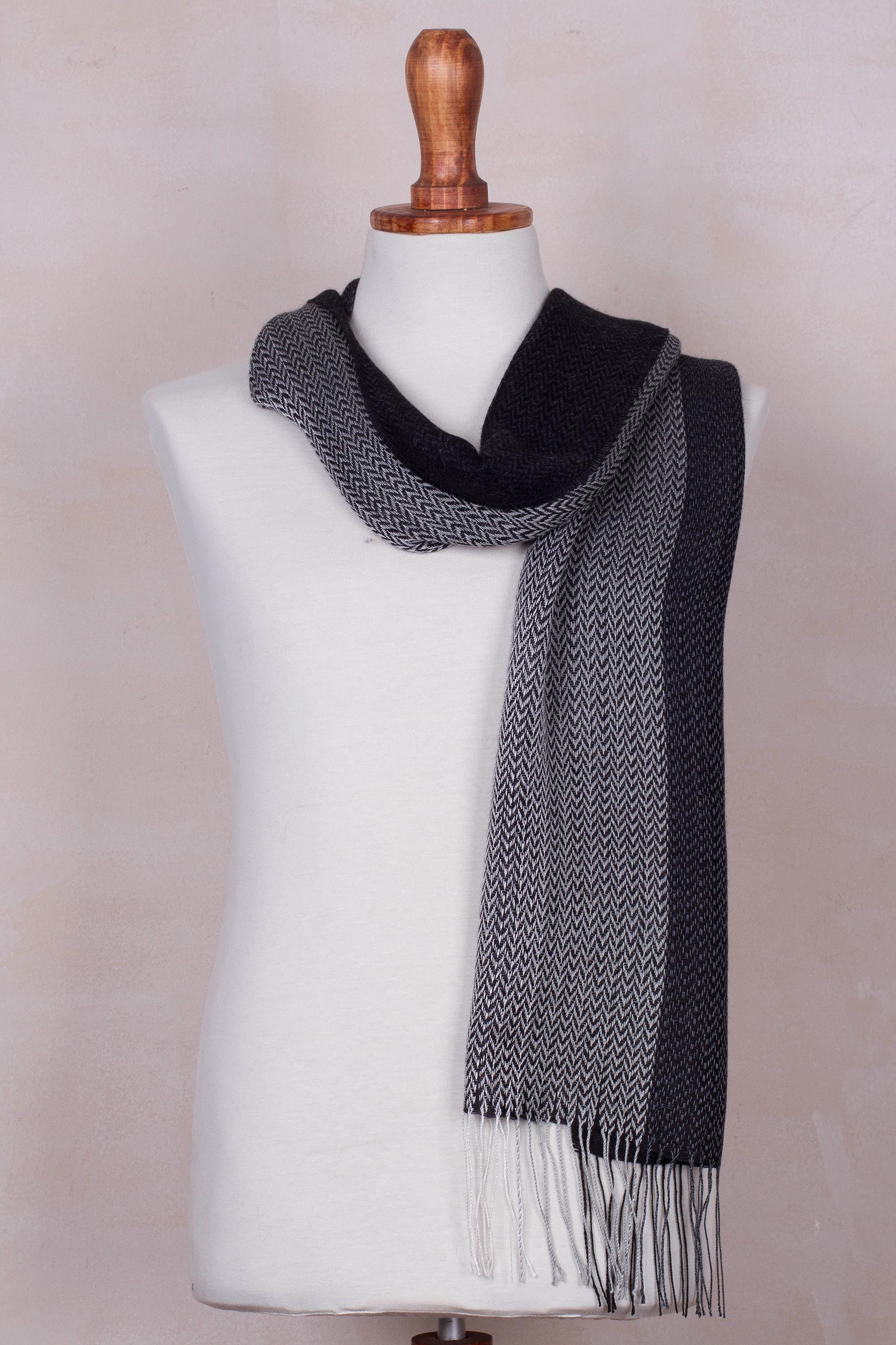 Premium Handwoven Baby Alpaca Blend Scarf – Black & Grey Herringbone Design from Peru