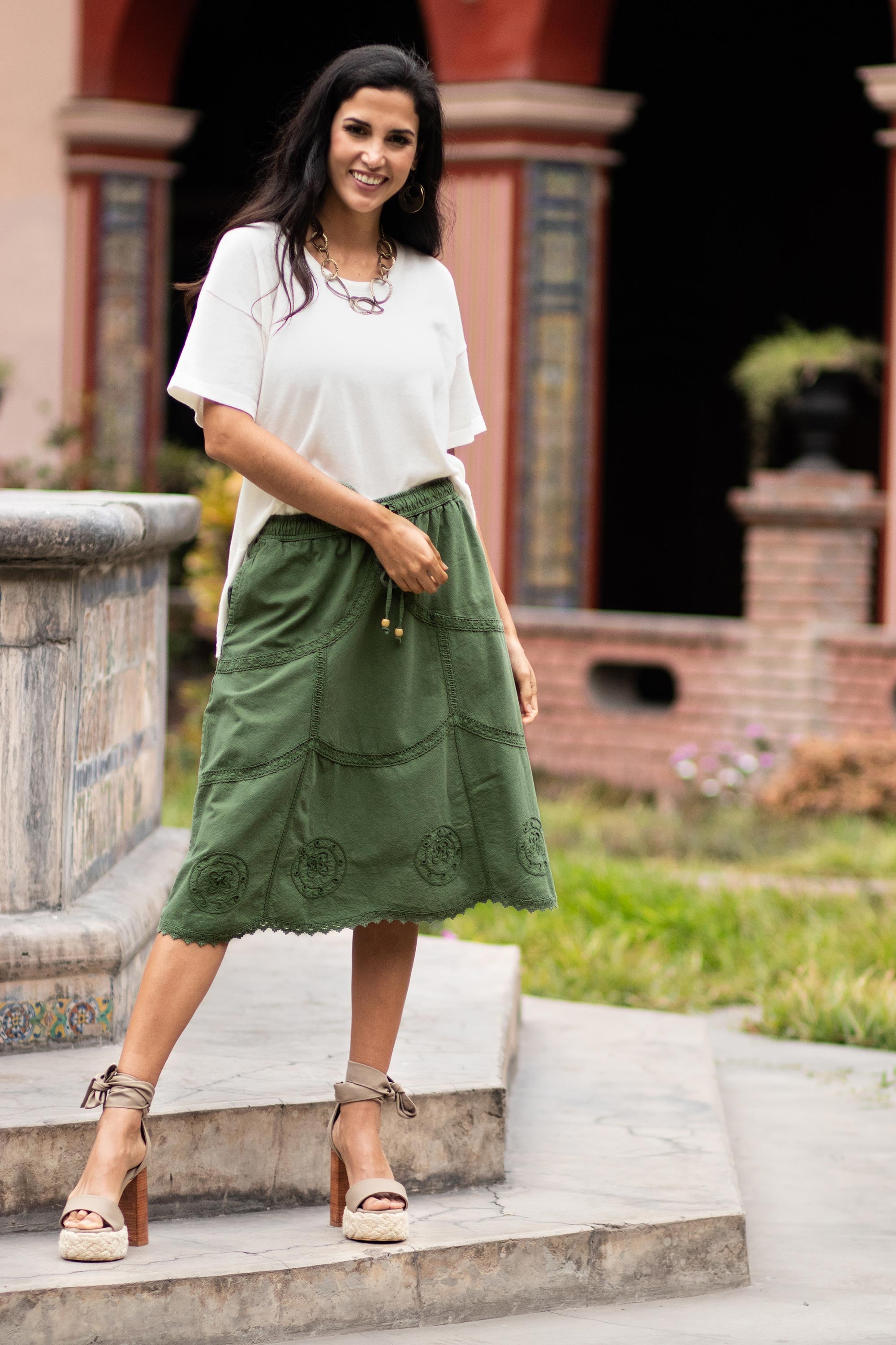 Premium Andean Fields Laurel Green Embroidered Cotton Skirt - Handcrafted in Peru