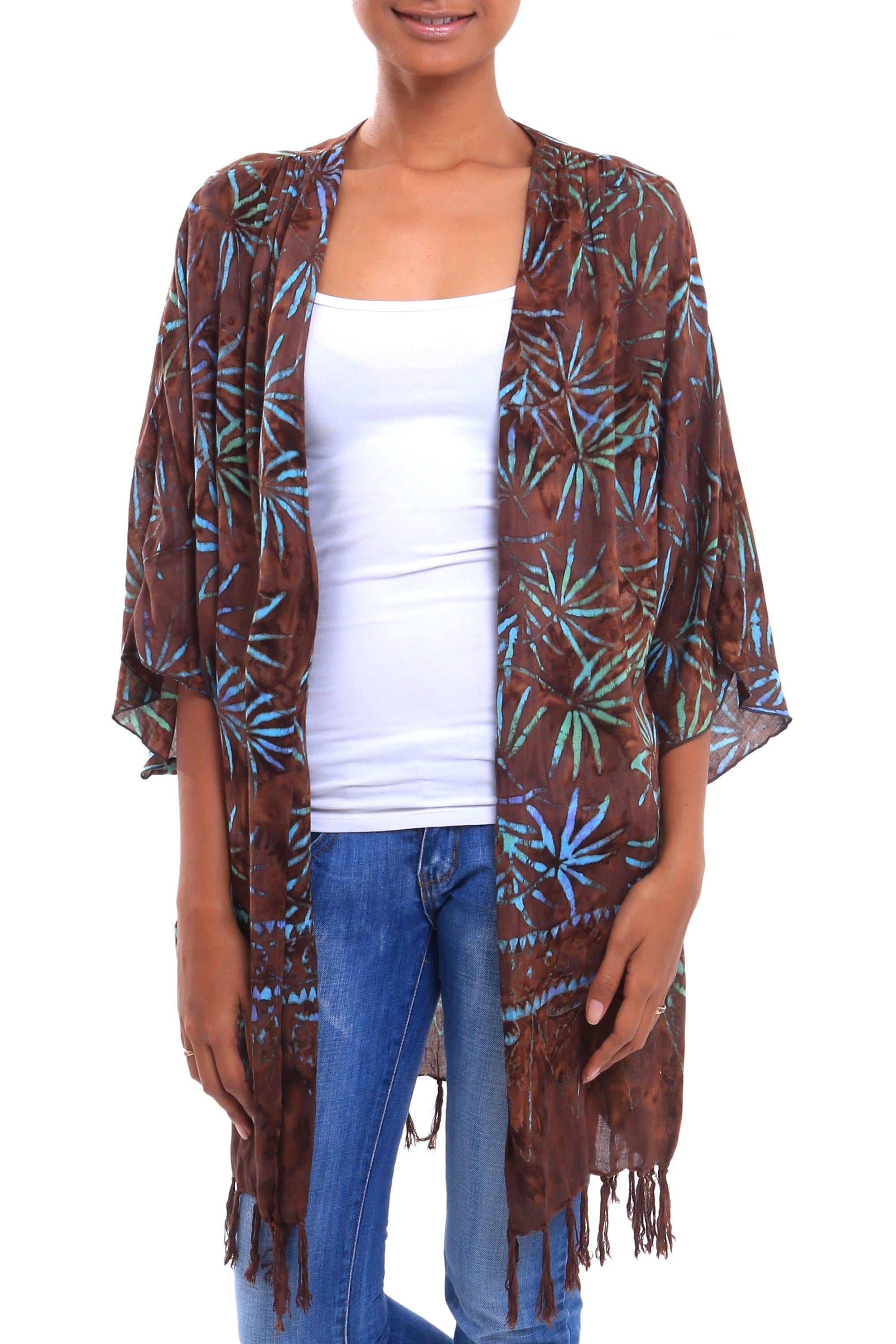 Premium Brown Leaf Batik Kimono Jacket - Handcrafted in Bali