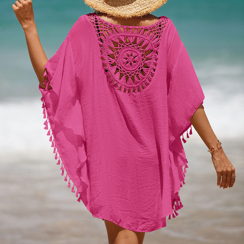 Premium Oversized Crochet Beach Cover-Up with Tasseled Sleeves & Keyhole Design