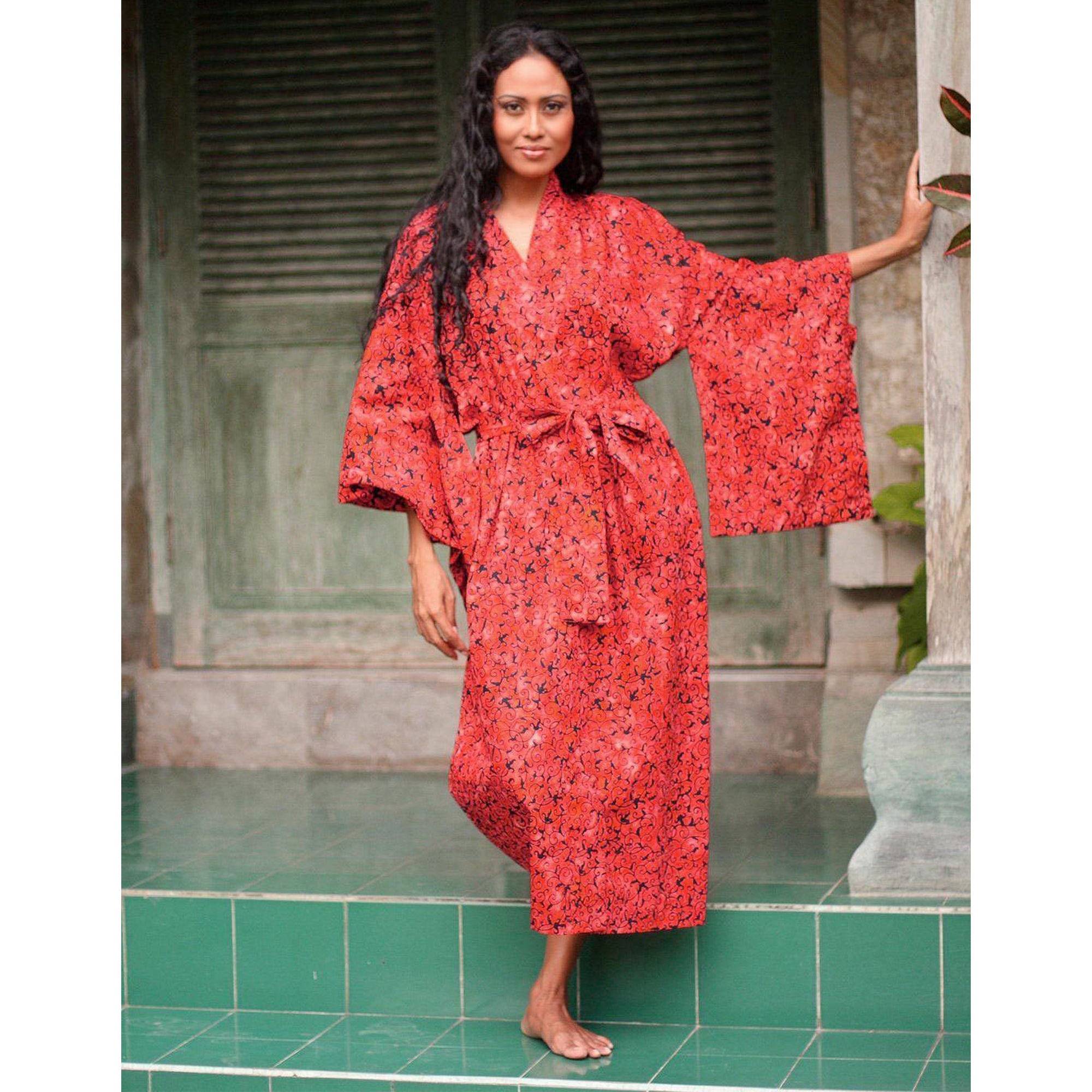 Premium Red Floral Cotton Batik Robe - Ultimate Comfort & Style