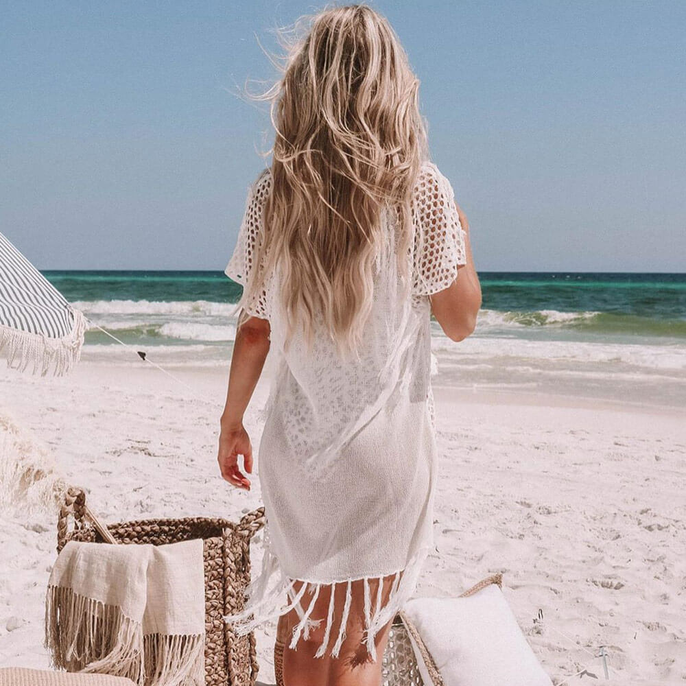 Ultimate Fringe Trim Crochet Lace-Up Beach Cover-Up