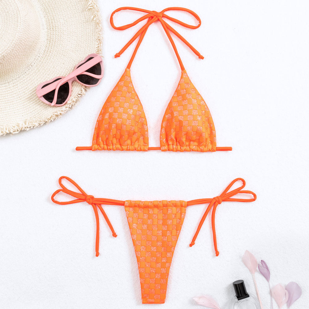 Ultimate Sparkly Gingham Brazilian Bikini Set - Burnt Orange