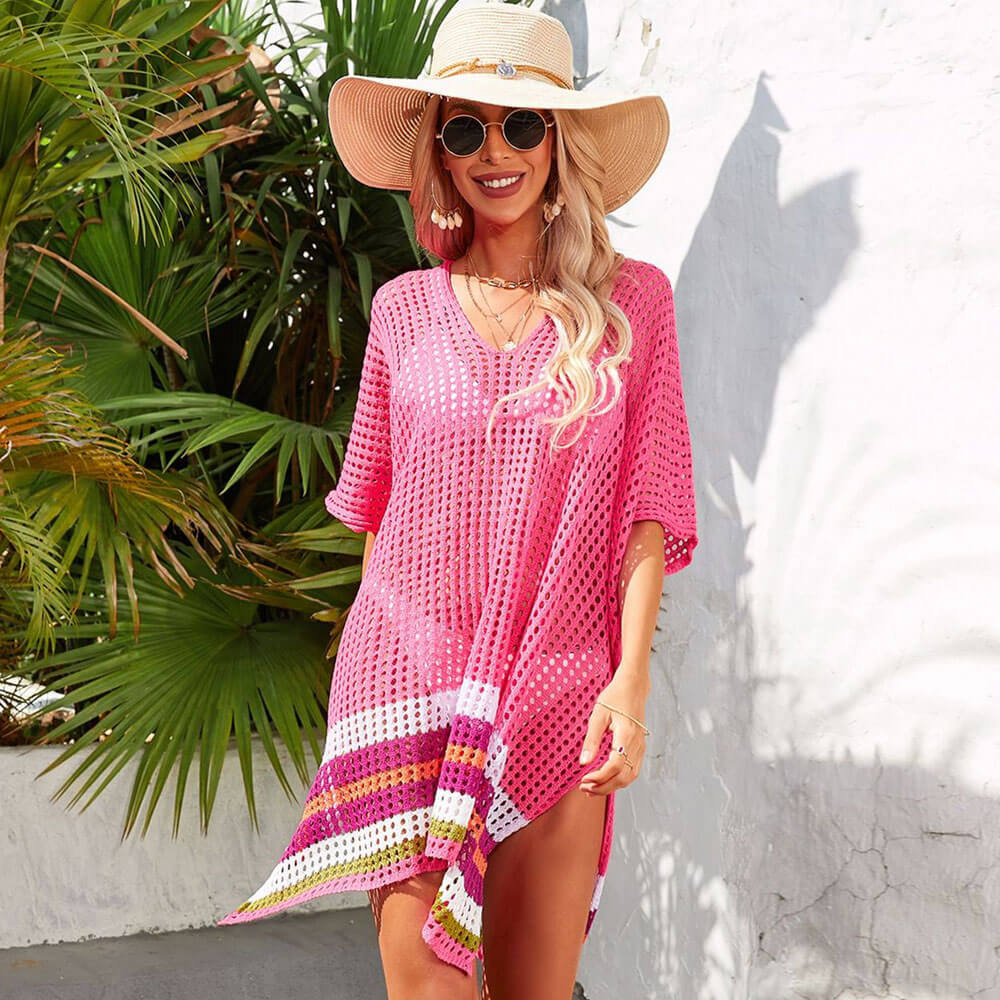 Ultimate Oversized Rainbow Striped Crochet Beach Cover-Up Dress