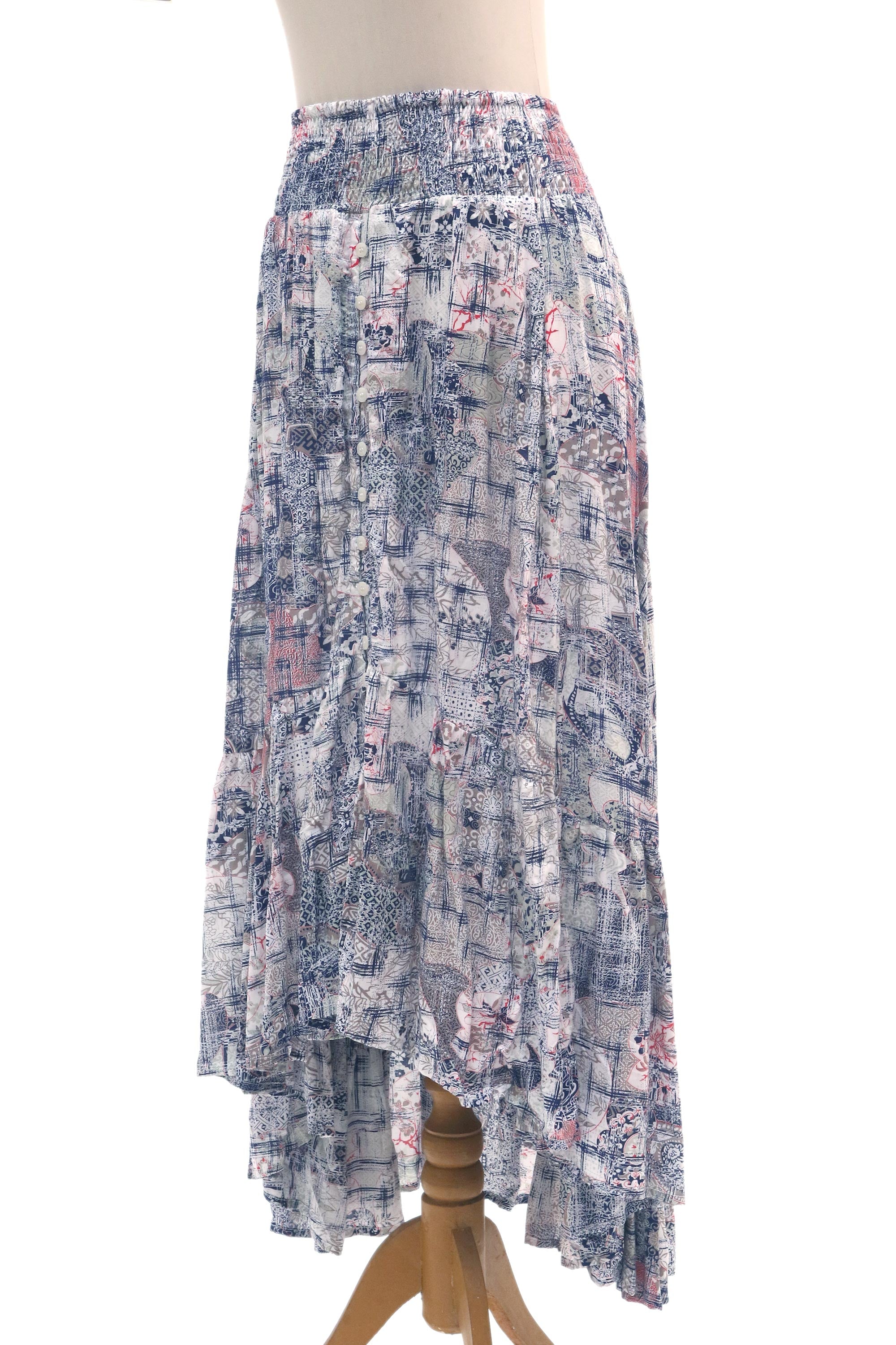 Premium Elastic Waist High-Low Rayon Skirt with Patchwork Print