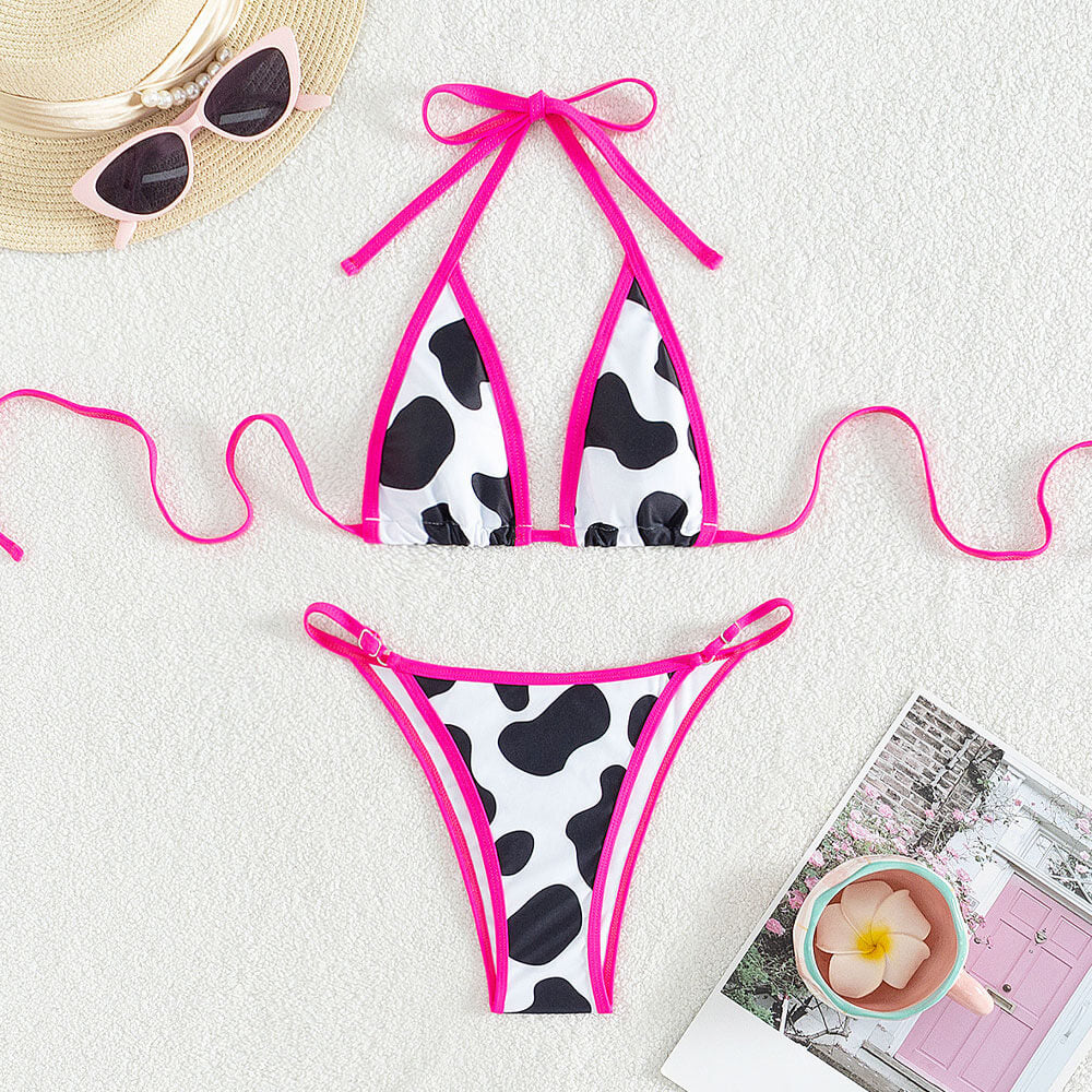 Ultimate Cow Print Neon String Bikini Set – Brazilian Micro Triangle Swimsuit