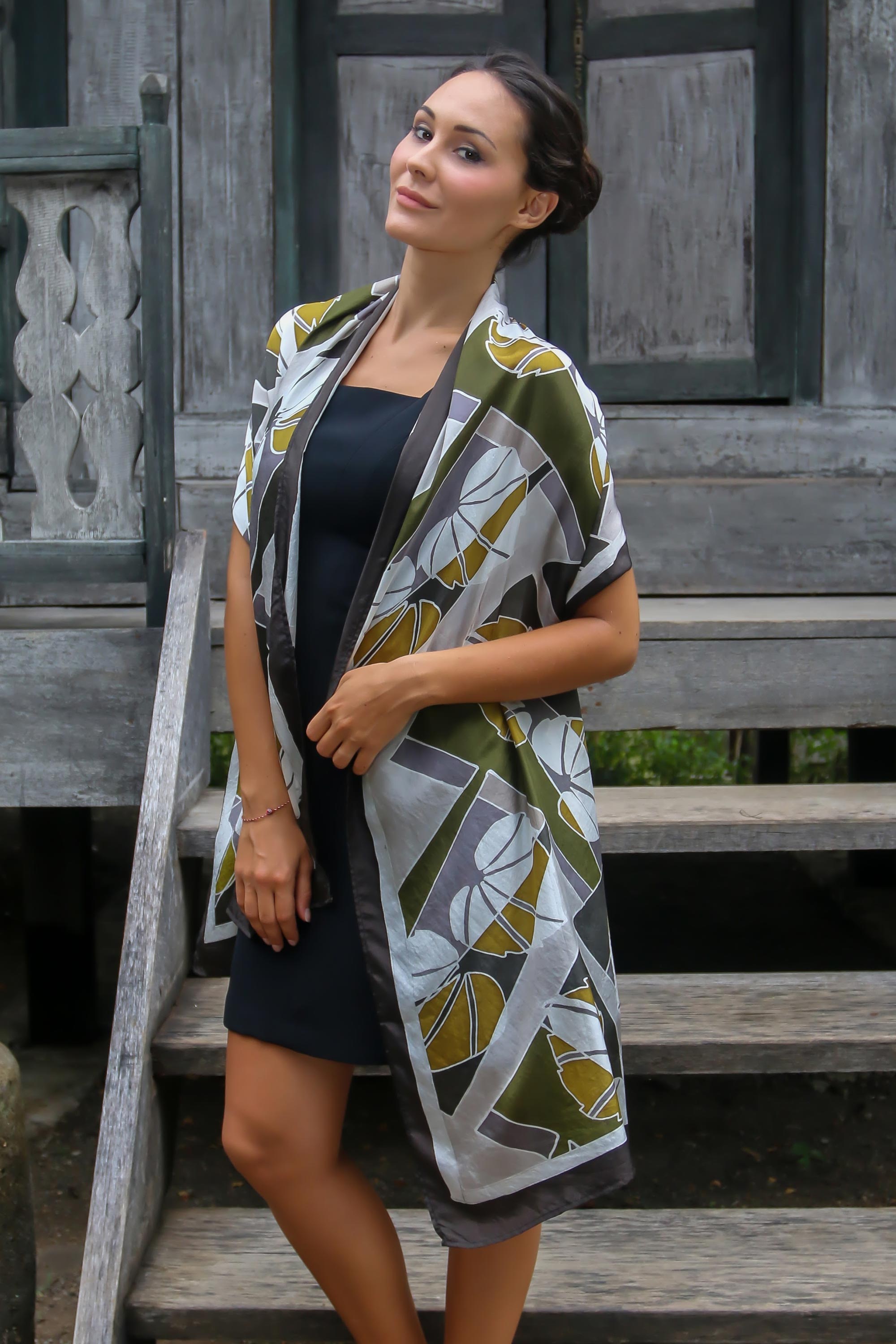 Premium Olive Leaf Artisan Batik Silk Shawl – Handcrafted Luxury