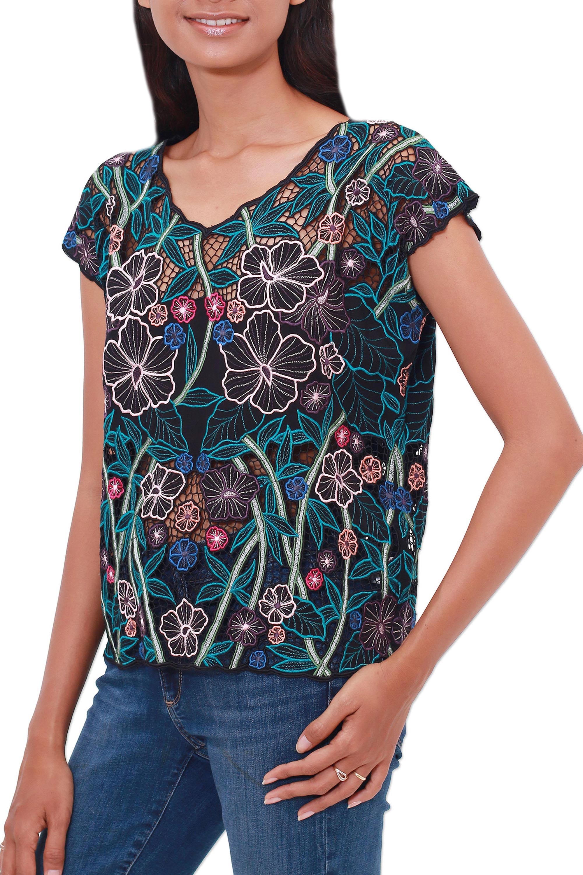 Premium Hand-Embroidered Rayon Blouse – Bali Floral Elegance