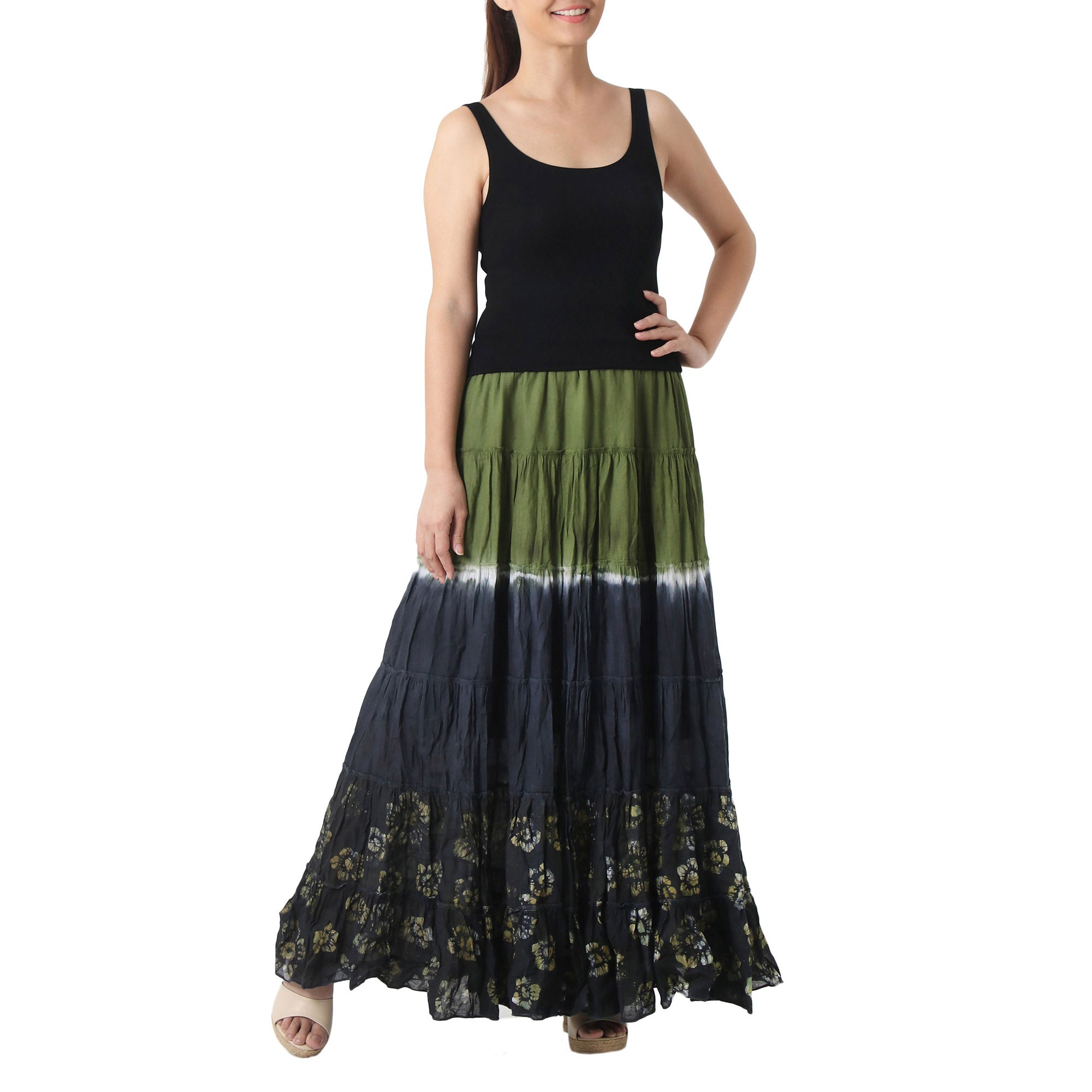 Premium Handmade Batik Cotton Skirt - Olive Black & Green