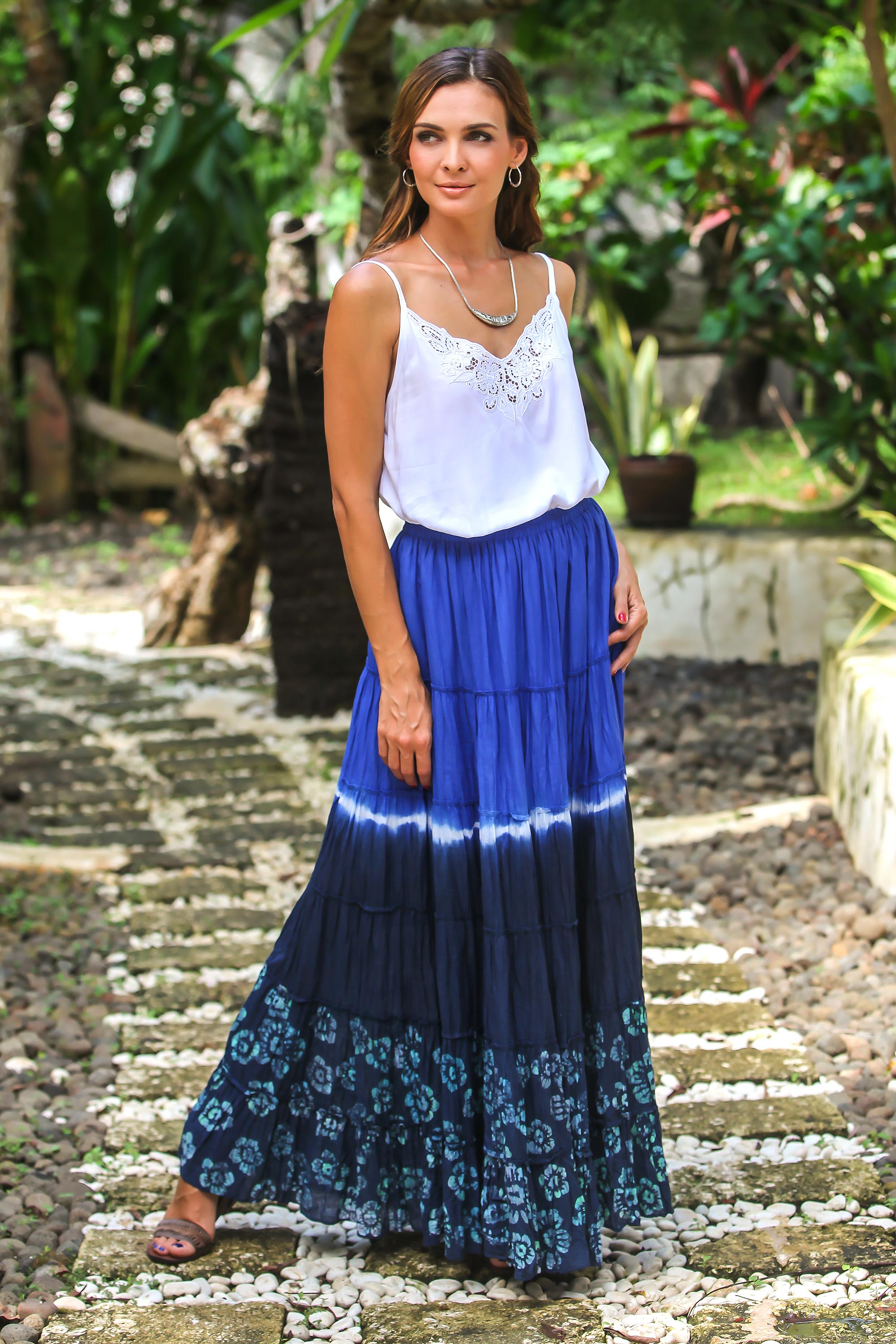 Premium Boho Batik Maxi Skirt - Royal Blue & Black Tie-Dye Design