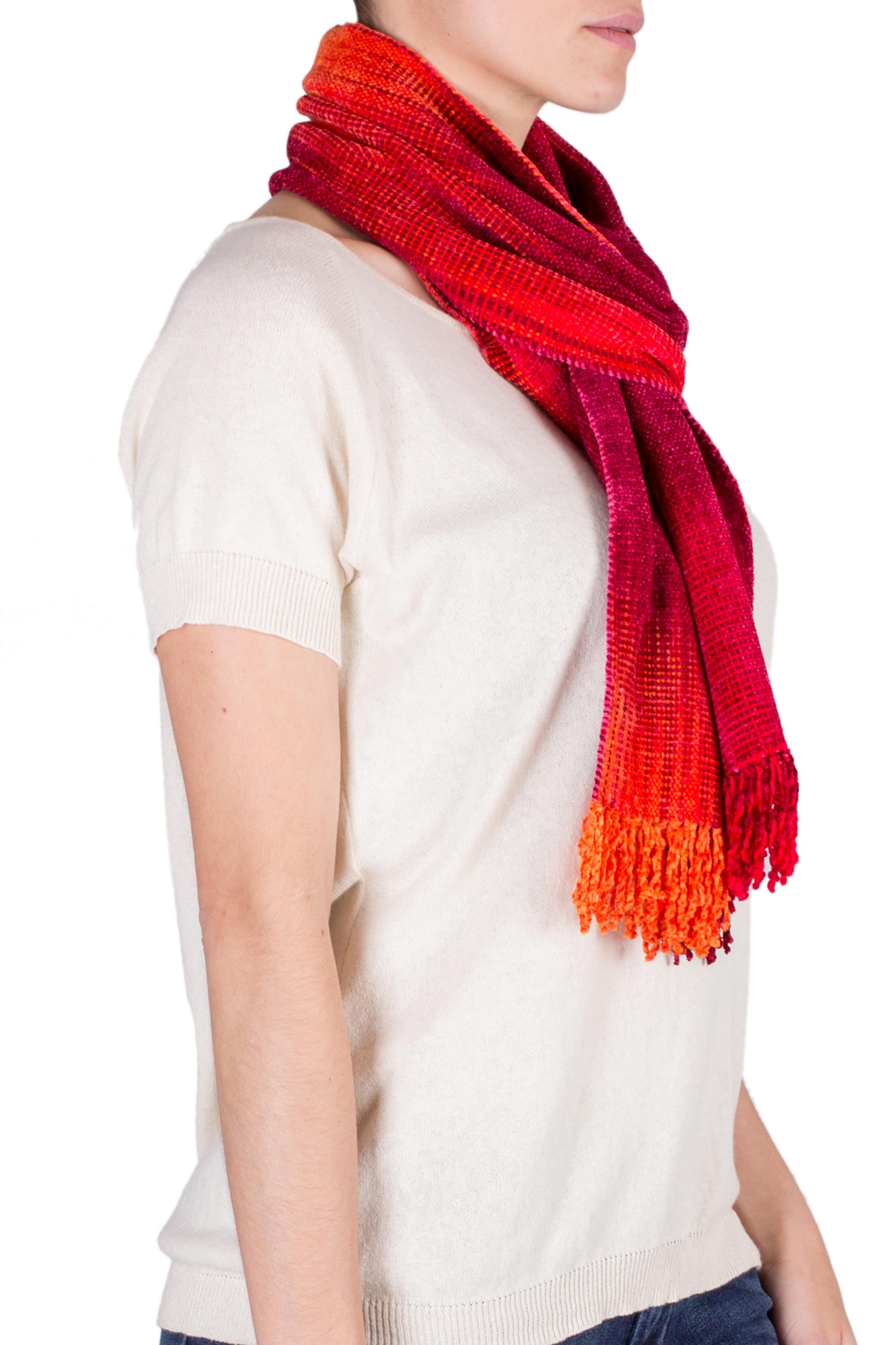 Premium Crimson Embrace: Handwoven Rayon Chenille Scarf in Red & Burgundy