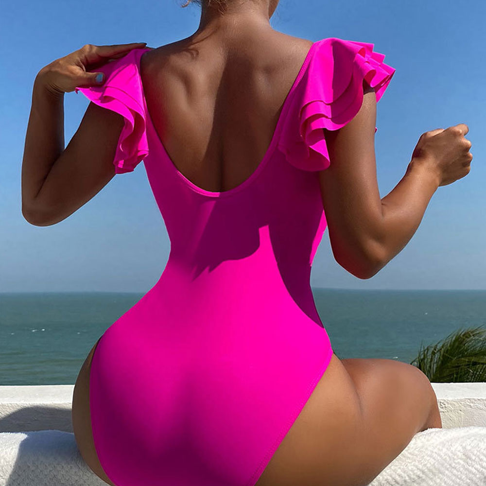 Ultimate Bright Pink Brazilian One-Piece Swimsuit with Ruffled V-Neck & Open Back