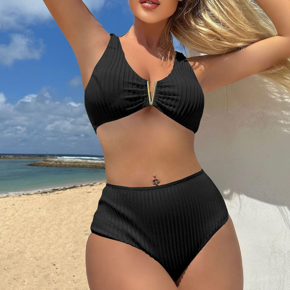 Ultimate Minimalist Textured Bikini Set – High Waist & Notched Design