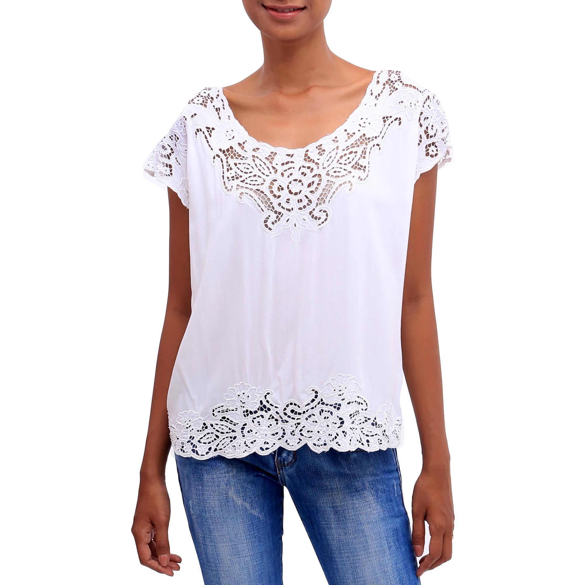 Premium White Kusuma Floral Embroidered Rayon Blouse - Handcrafted in Bali