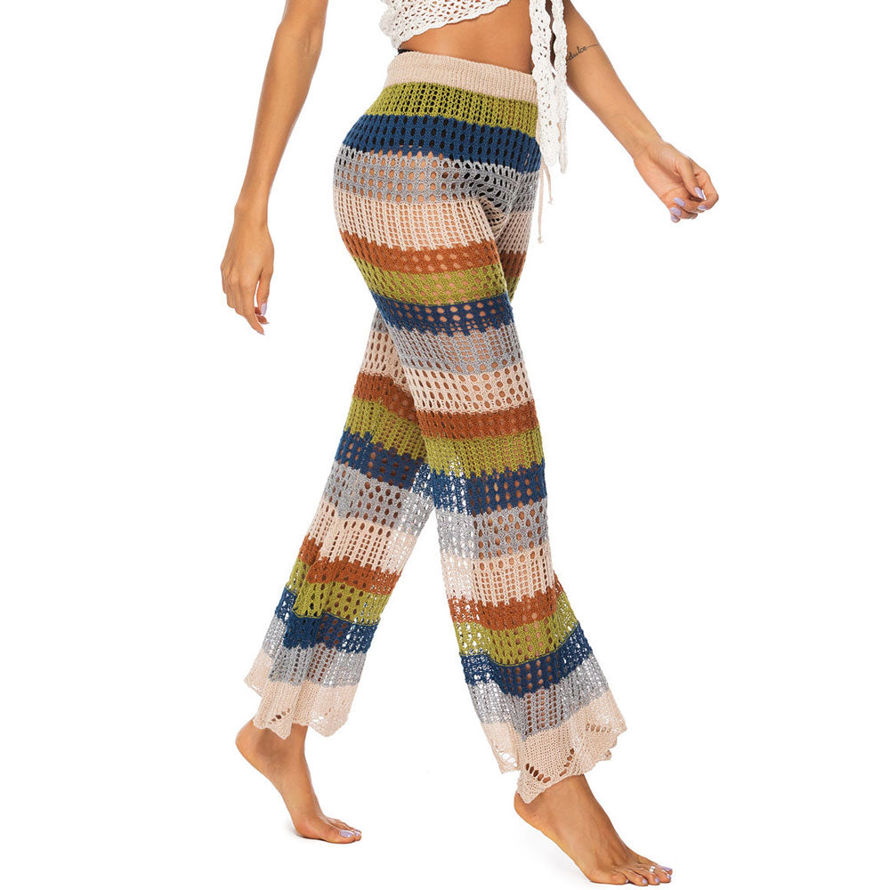 Ultimate Rainbow Striped Crochet Beach Pants - High Waist Split Design