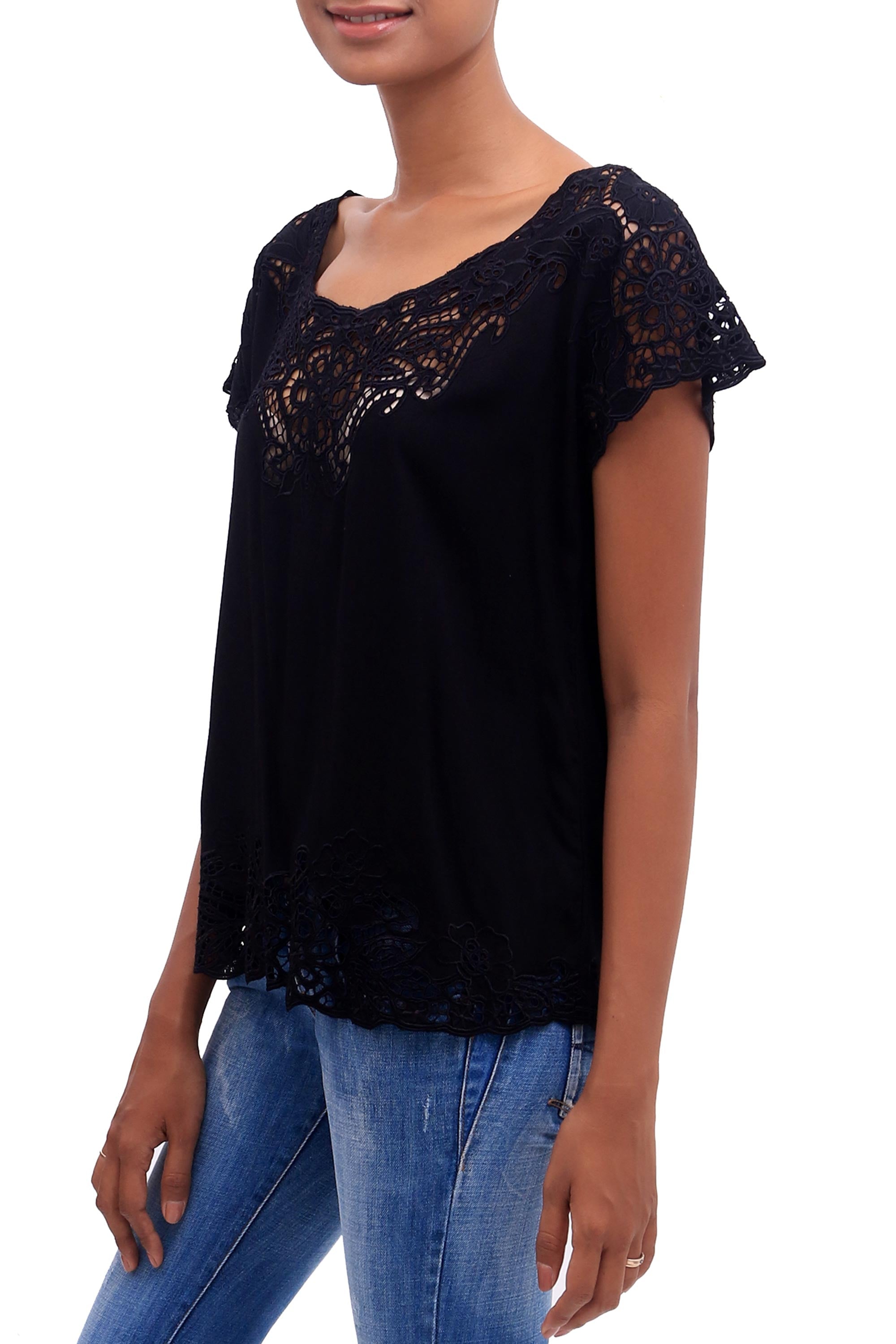 Premium Onyx Kusuma Hand-Embroidered Rayon Blouse from Bali – Ultimate Feminine Style