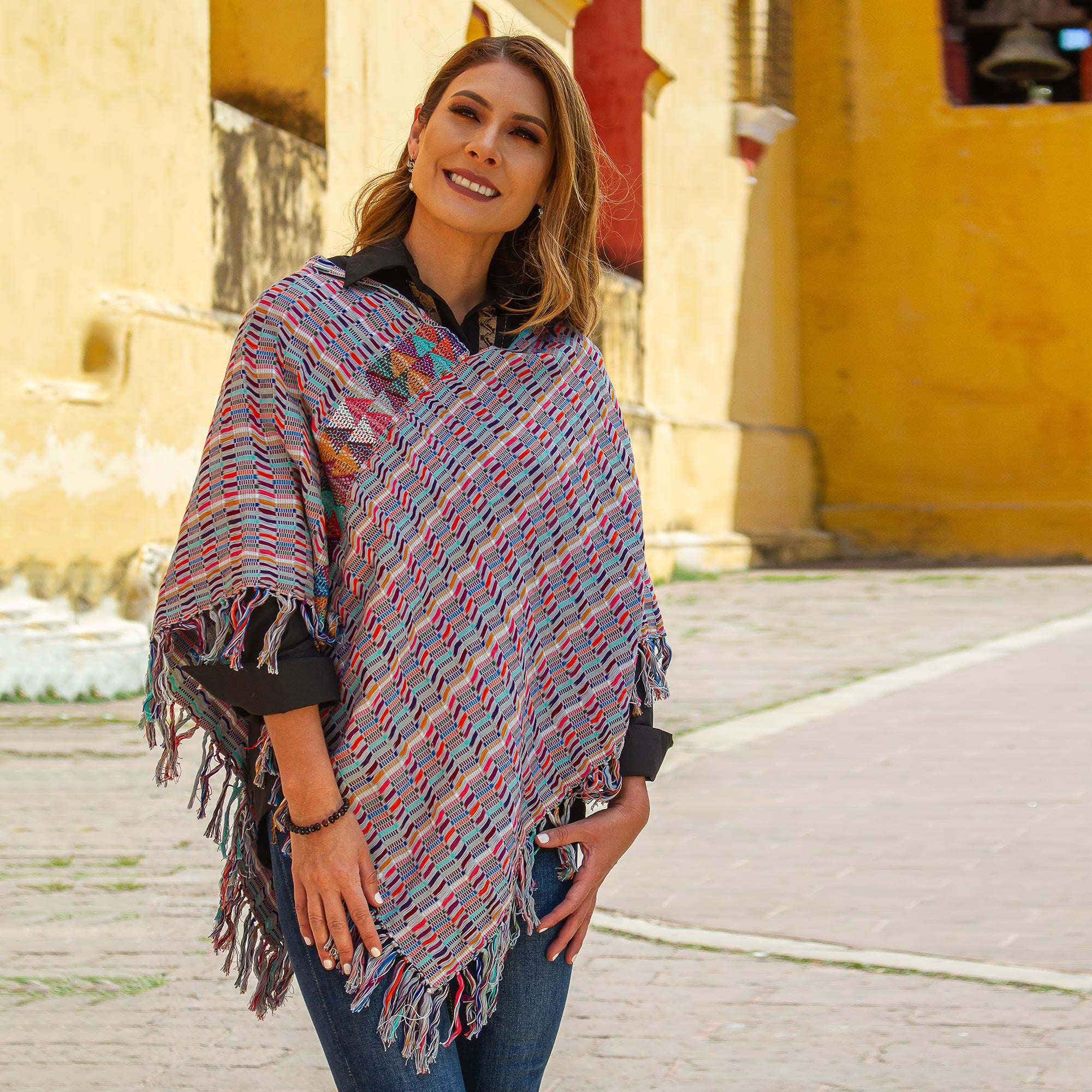 Premium Multicolored Striped Cotton Poncho – Handwoven in Mexico