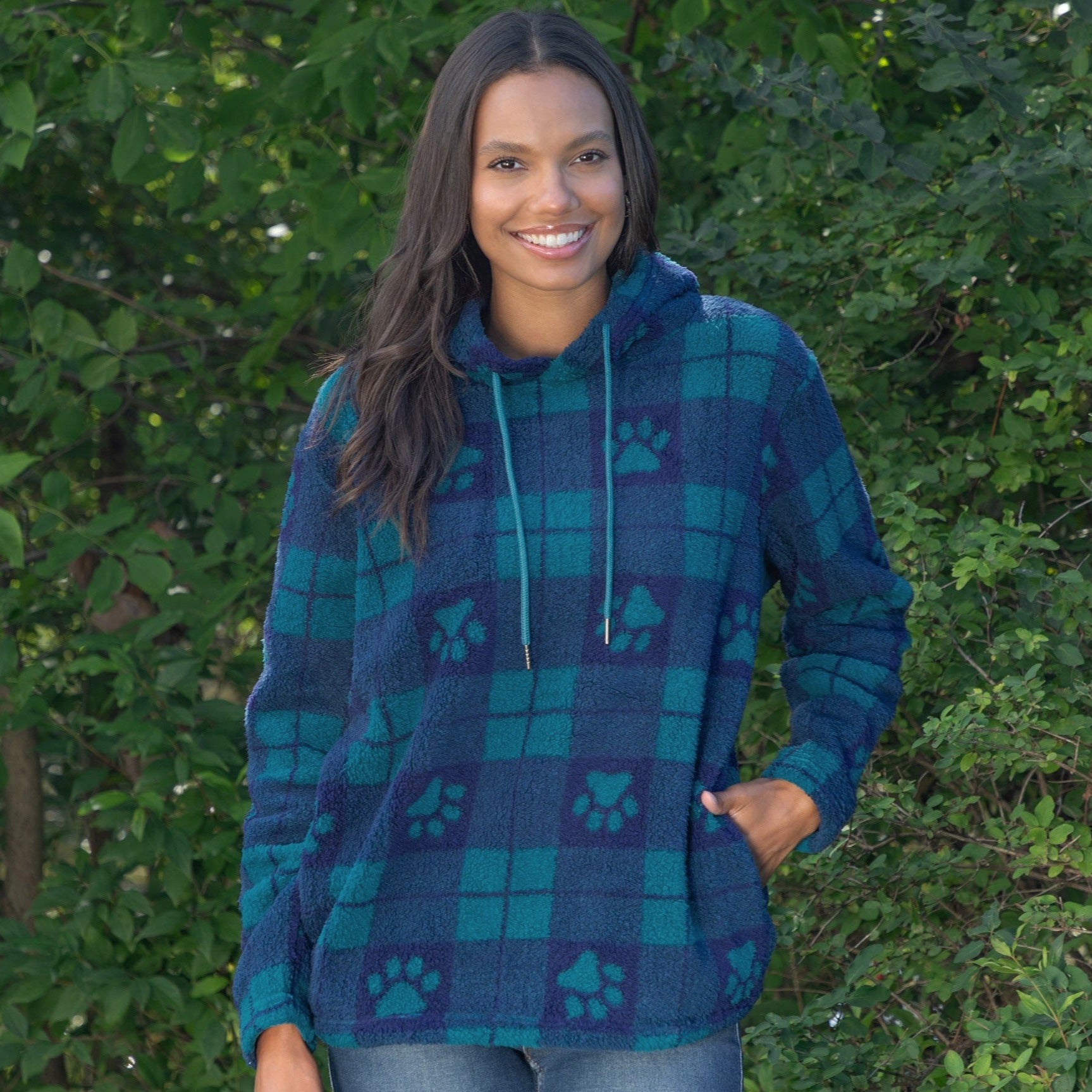 Premium Sherpa Fleece Hoodie with Plaid Paws Design