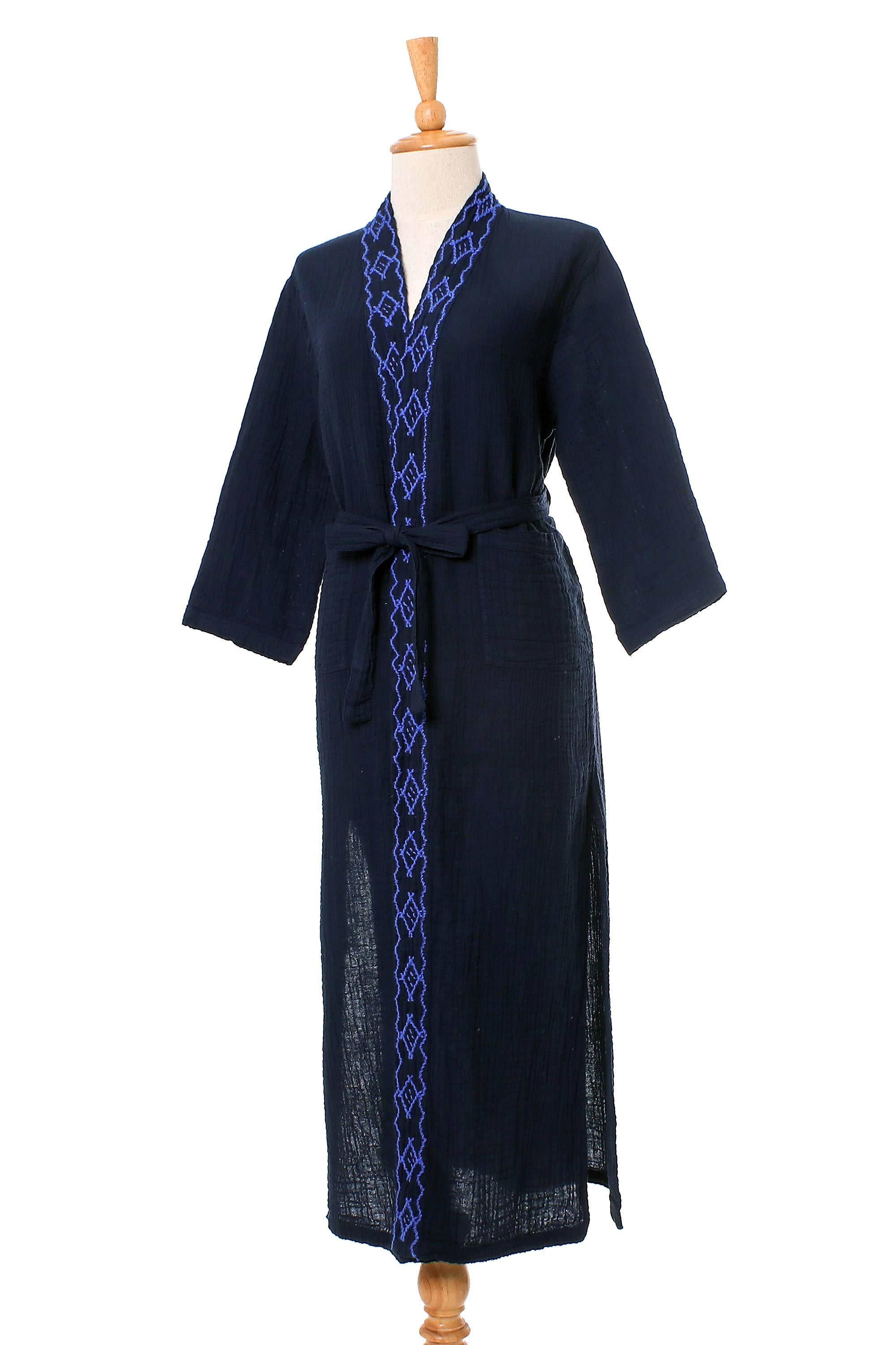 Premium Midnight Relaxation Cotton Robe - Hand-Embroidered Sapphire Design