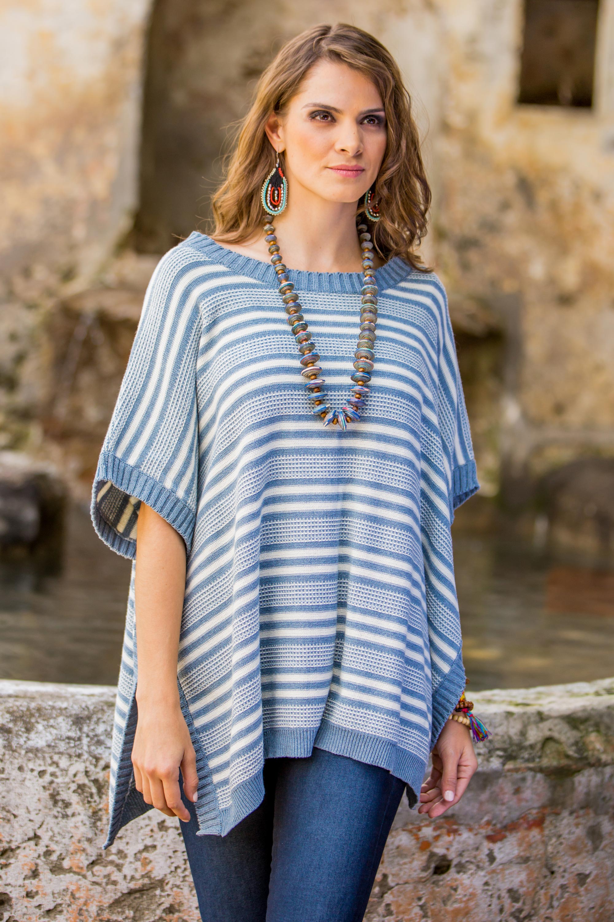 Premium Handwoven Cotton Poncho - Blue Stripes & Eco-Friendly Design