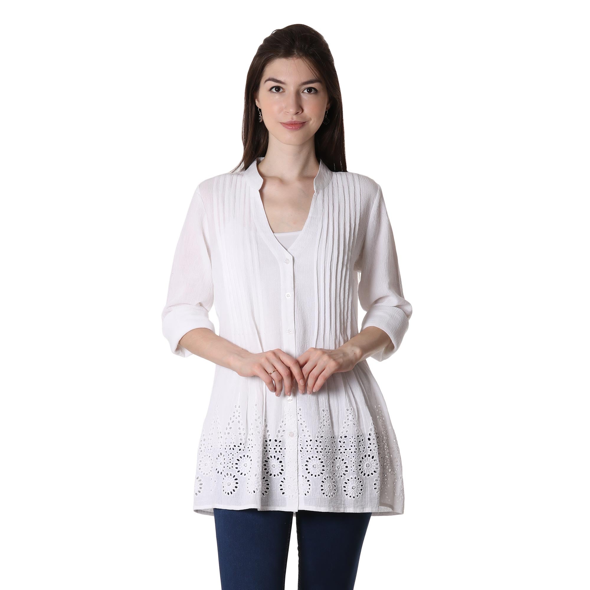 Premium Hakoba White Eyelet Cotton Blouse - Elegant Indian Design