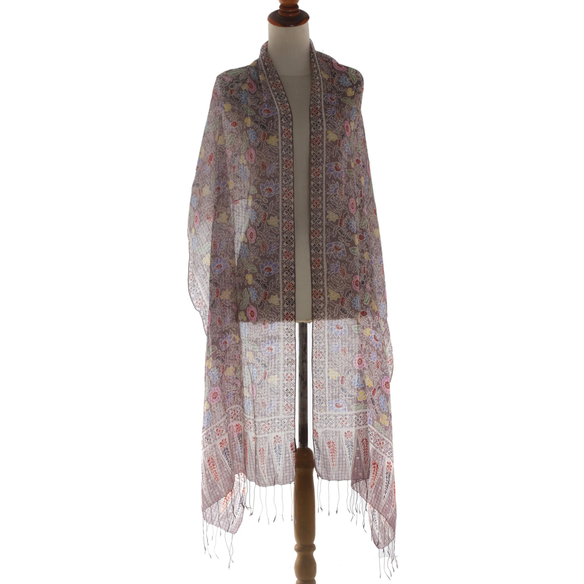 Premium Euphoria Gray Floral Silk Batik Shawl - Ultimate Elegance