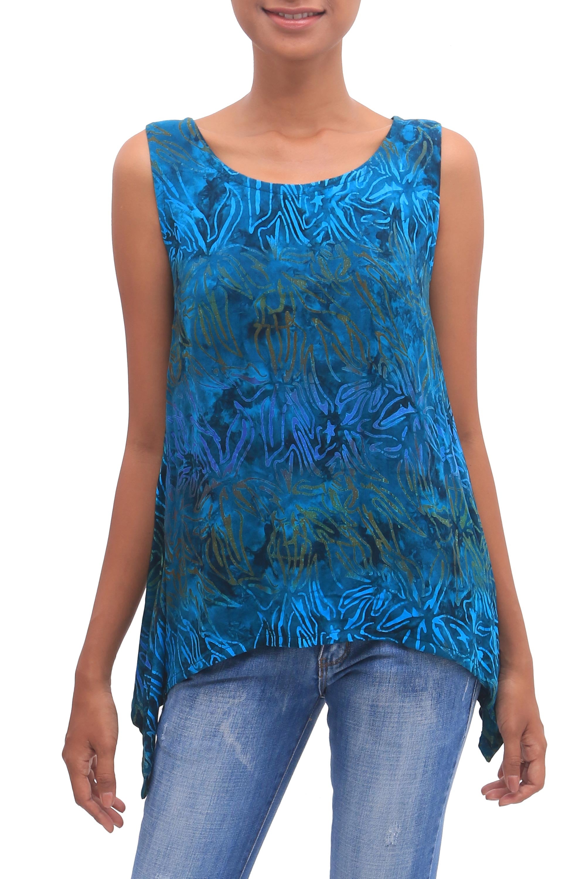 Premium Kenanga Sleeveless Rayon Tank Top - Teal Floral Print