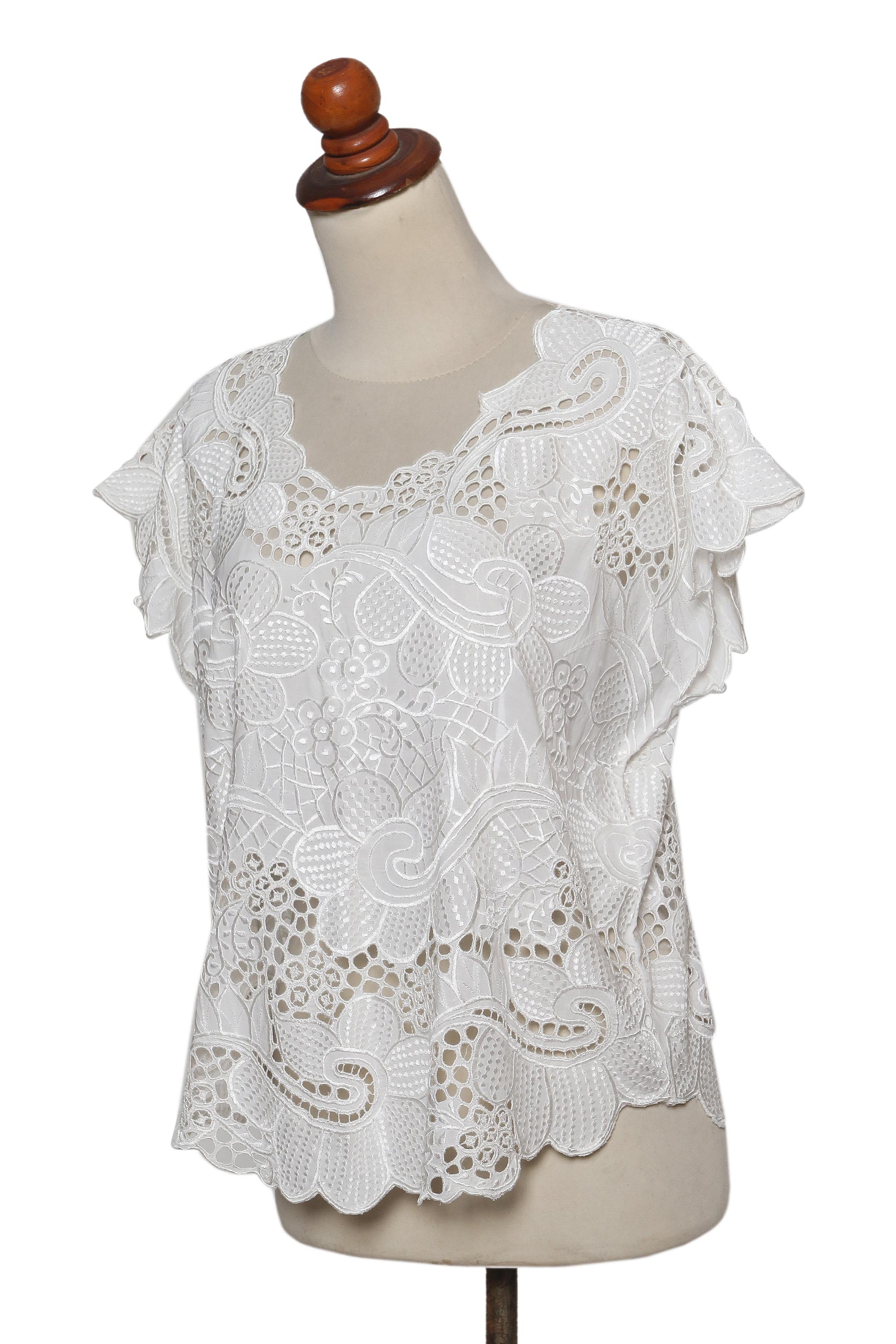 Premium White Rose Mallow Rayon Top with Intricate Embroidery