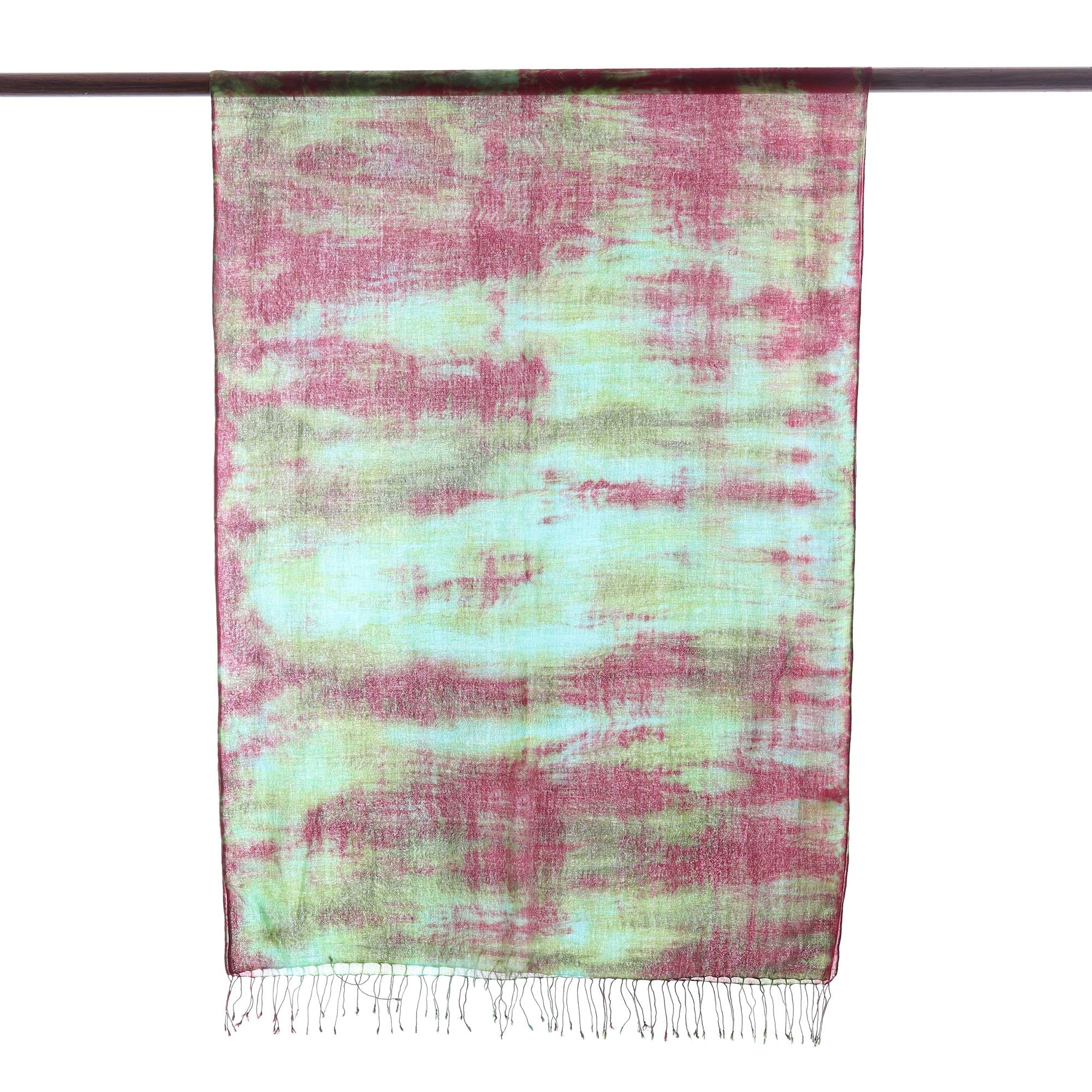 Premium Cosmic Waves Tie-Dyed Cotton Shawl - Red, Green & Aqua with Fringe