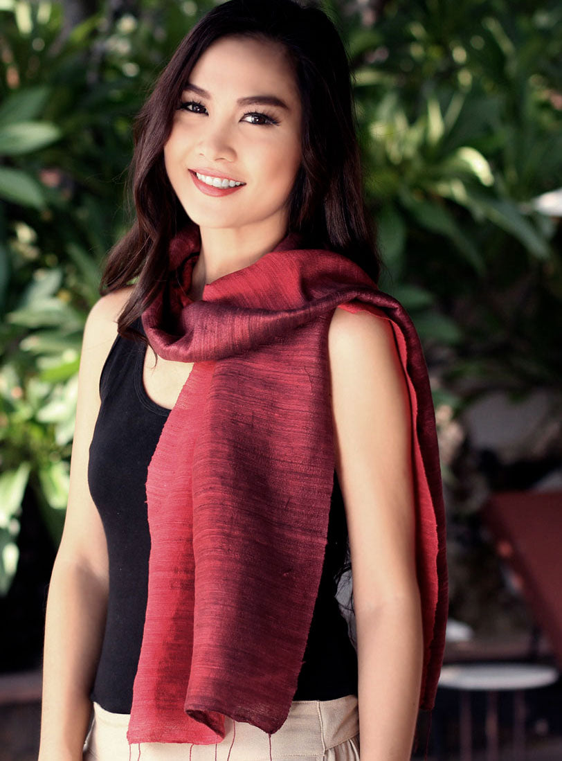 Premium Ombre Silk Scarf - Roses & Red Wine Elegance