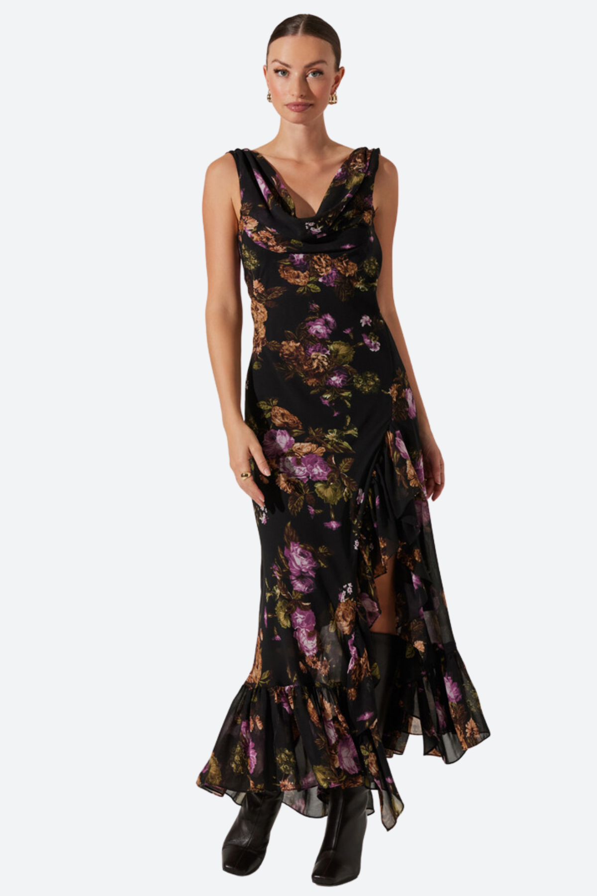 Premium ASTR Cecilia Maxi Dress: Black Purple Floral Elegance