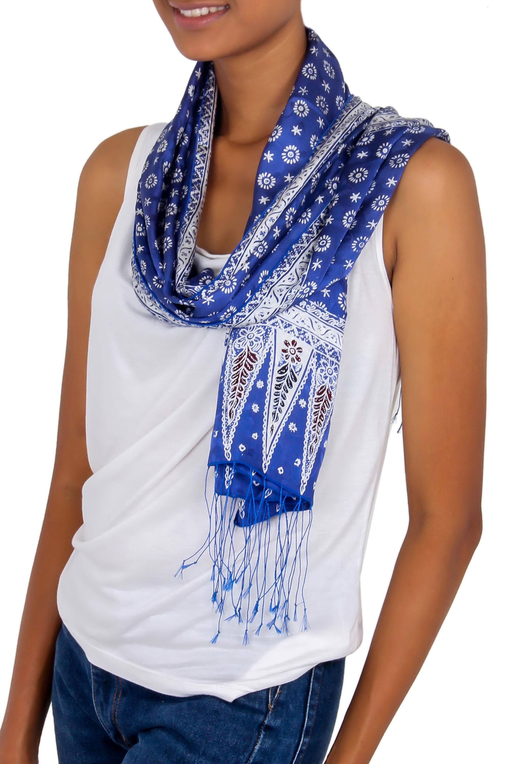 Premium Awakening Blue Silk Batik Scarf - Handmade Luxury