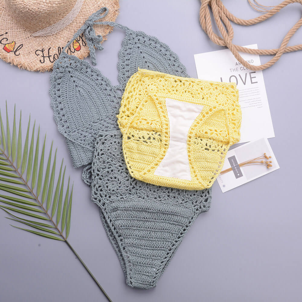 Premium Crochet Knit Halter Bikini Set - High Waist Brazilian Two Piece Swimsuit