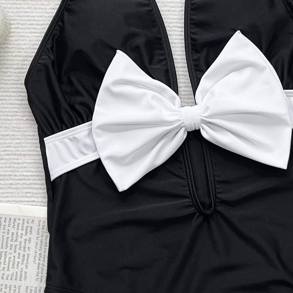 Ultimate Black & White Bowknot Plunge One-Piece Swimsuit