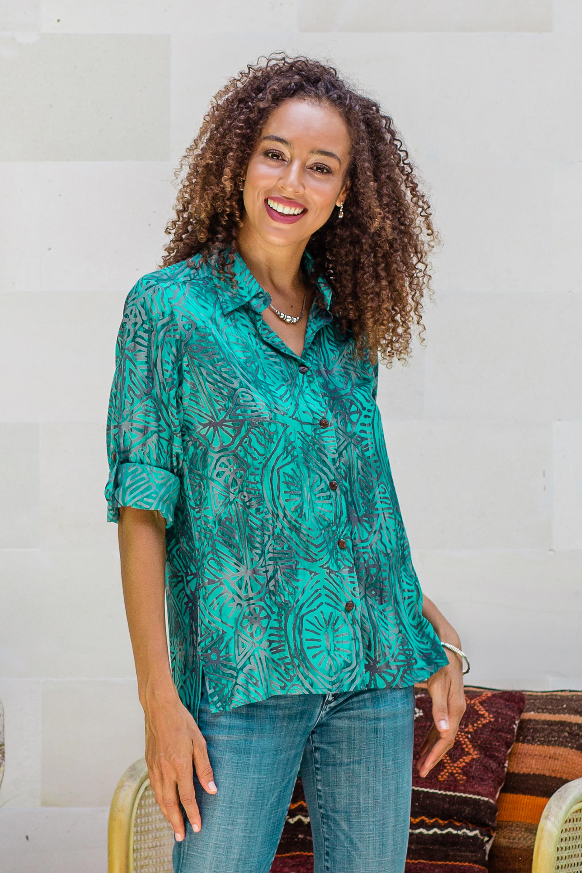 Premium Handcrafted Green-Blue Batik Rayon Blouse - Eco-Friendly Elegance