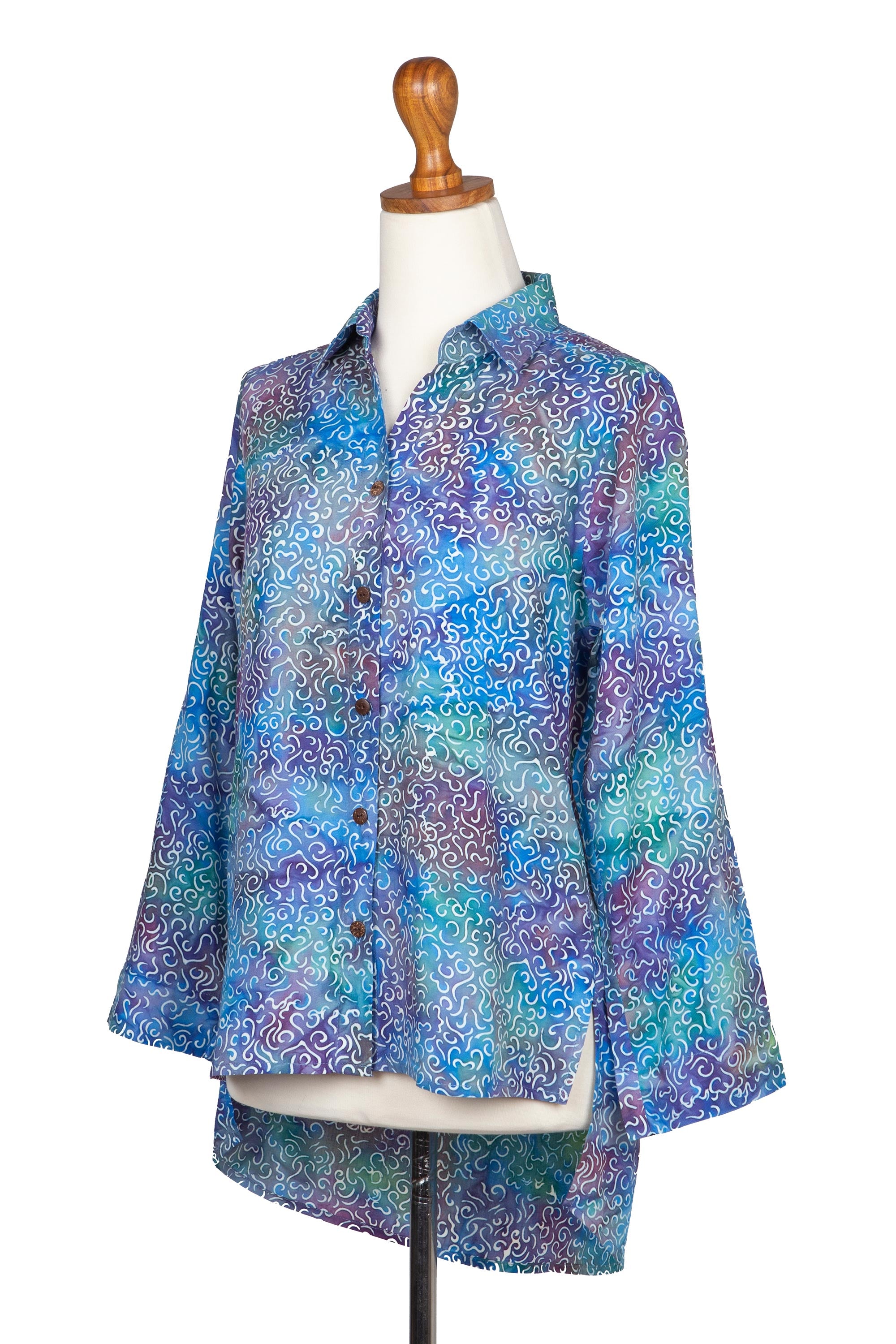 Premium Pastel Seascape Batik Rayon Blouse with Roll-Tab Sleeves