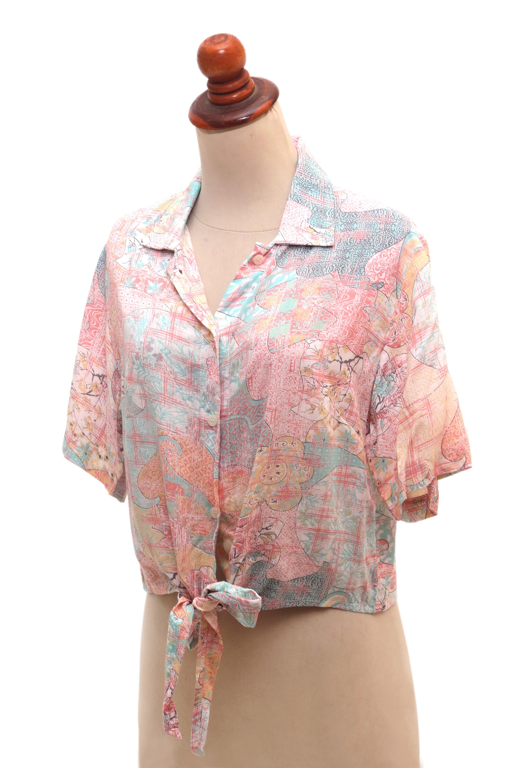 Premium Sekar Jagad Tie-Front Blouse - Pastel Pink & Aqua Rayon Print